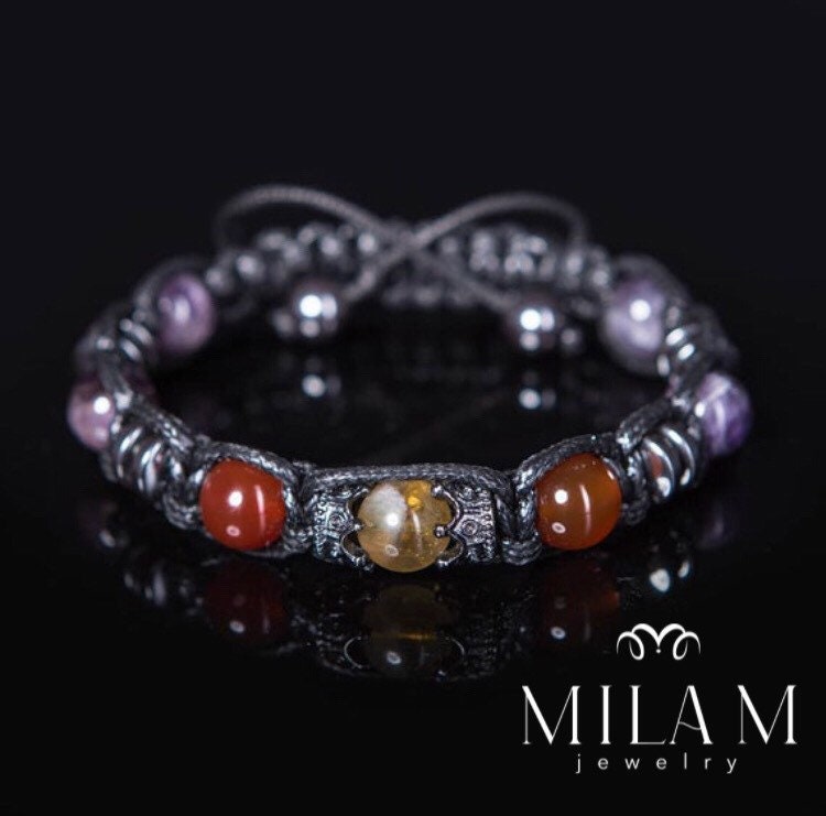 Men's Gemstone Bracelet, Citrine, Carnelian, Amethyst