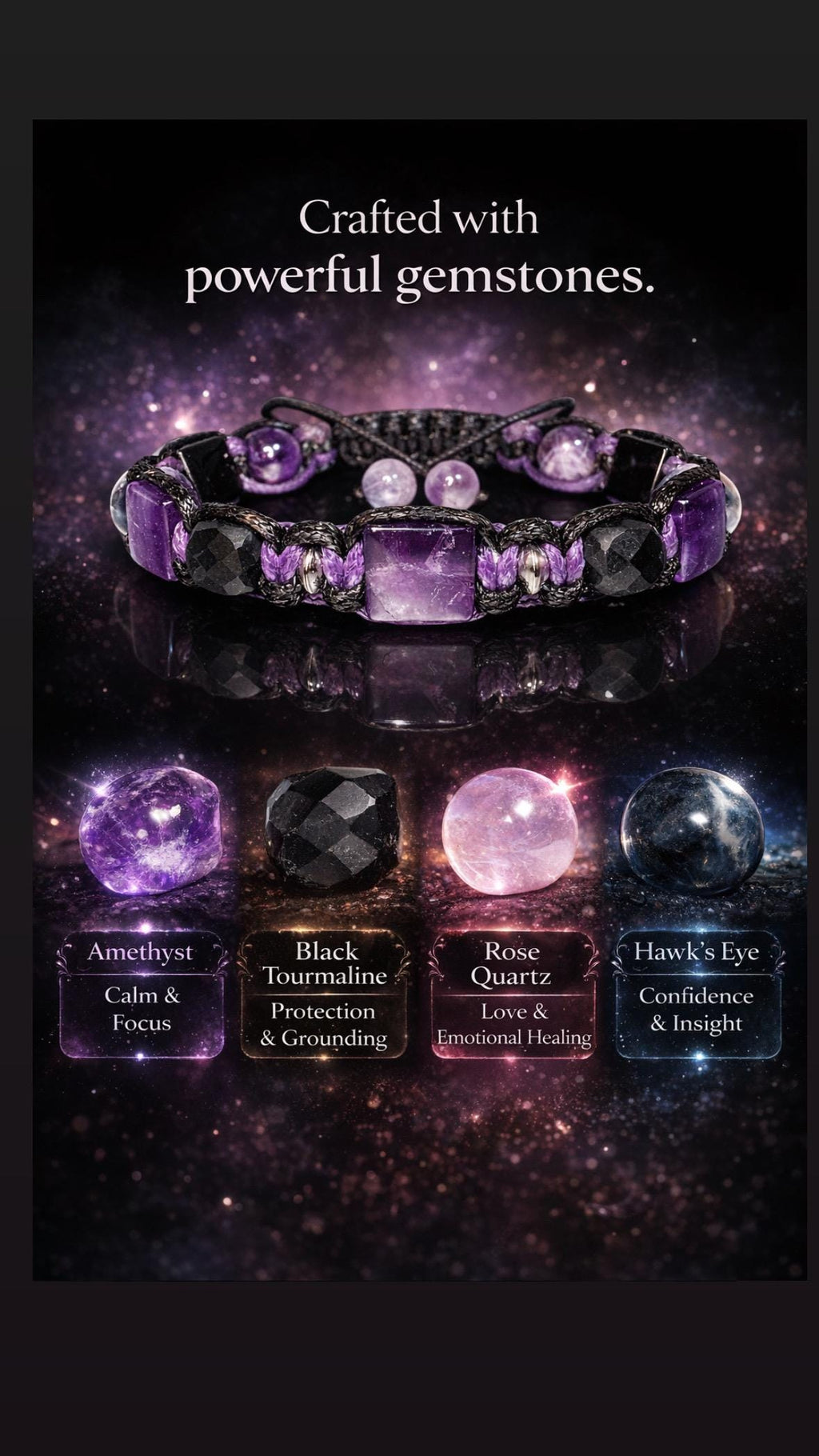 Amethyst Black Tourmaline Rose Quartz Bracelet, Handmade Gemstone Jewelry for Men