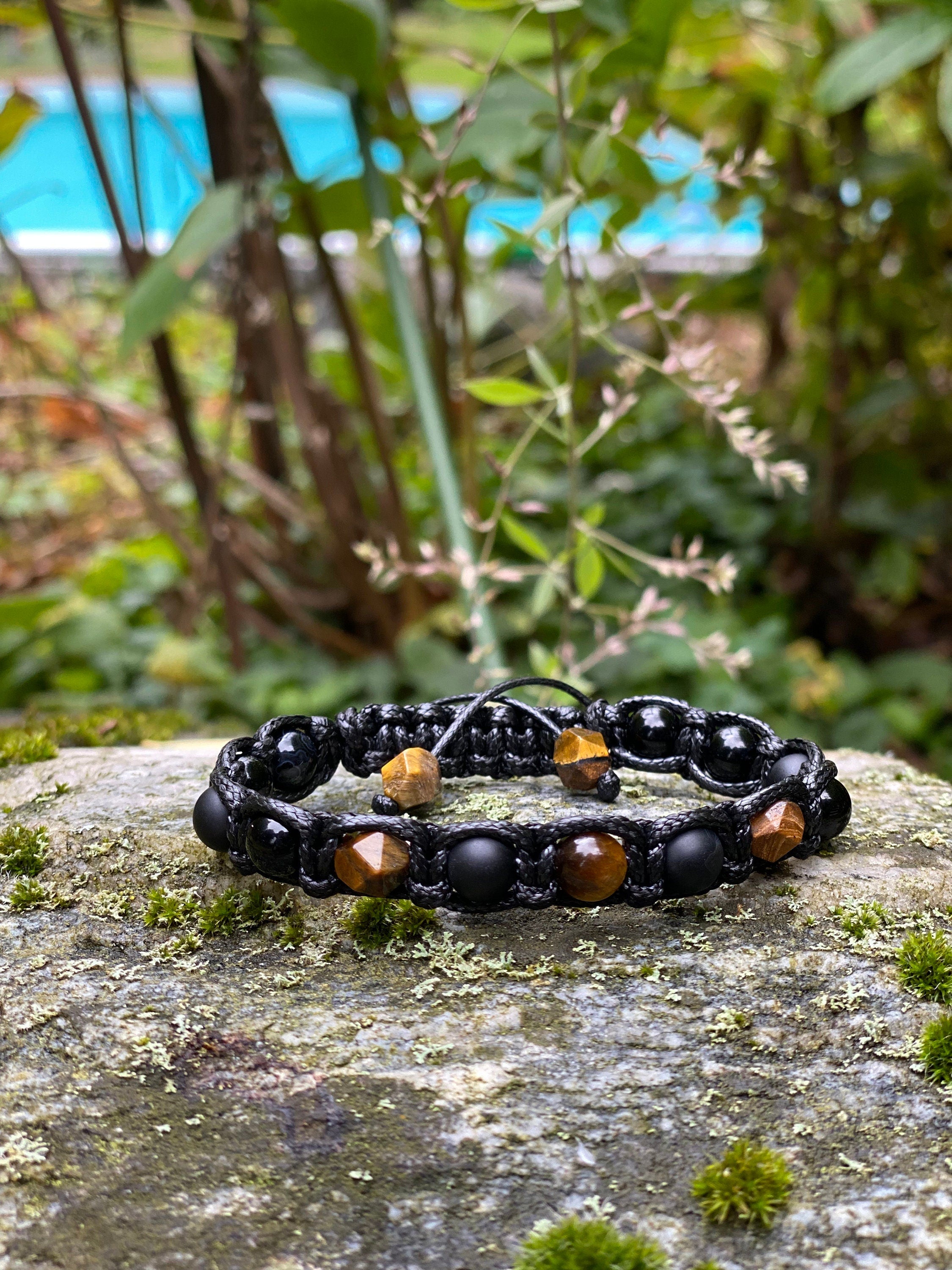 Mens Beaded Bracelet Black Matte Onyx Tiger Eye Spiritual Bracelet for Protection and Prosperity