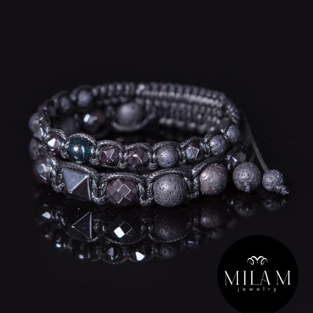 Men's Hematite Lava Stone Bracelet Set • Black Gemstone Jewelry