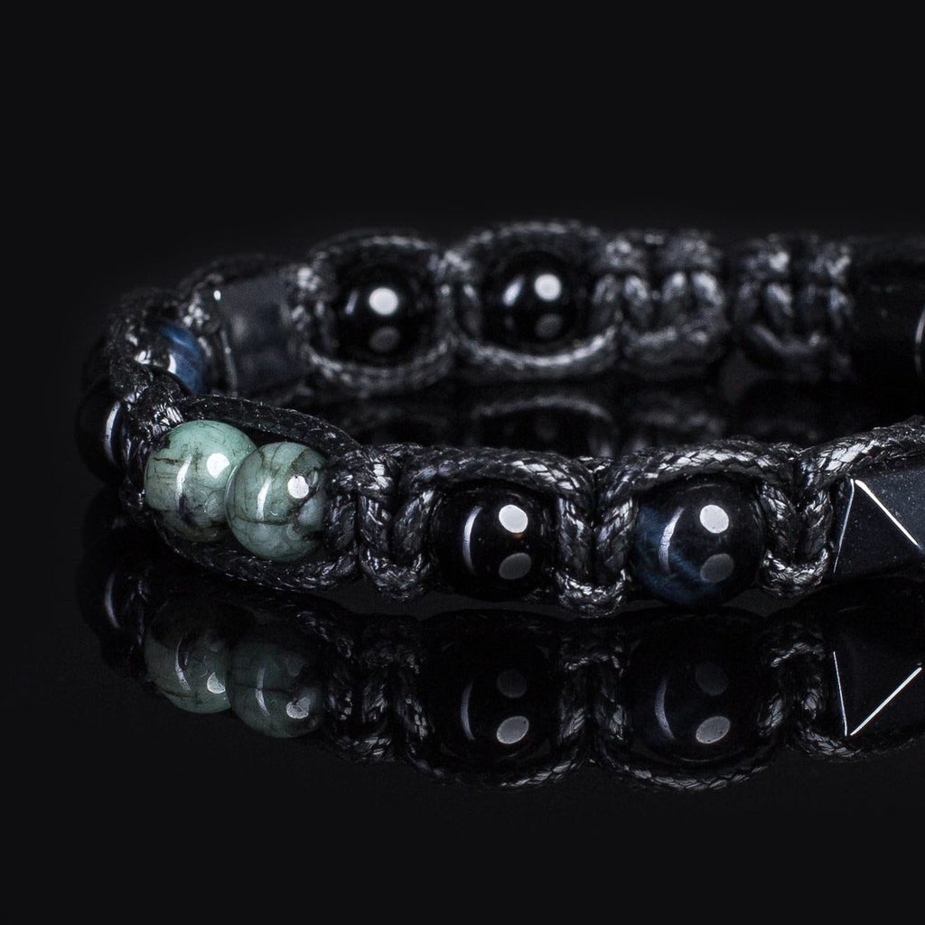 Mens Emerald Bracelet: Black Tourmaline, Tiger Eye & Hematite Amulet