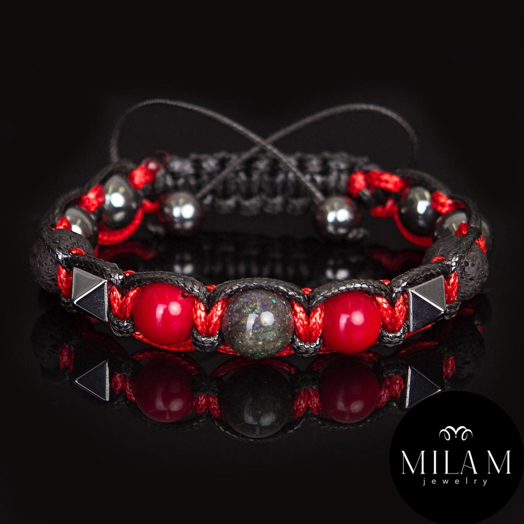 Prosperity bracelet men gift for him. Natural Black opal, Red Coral, lava, hematite men's bracelet cord.