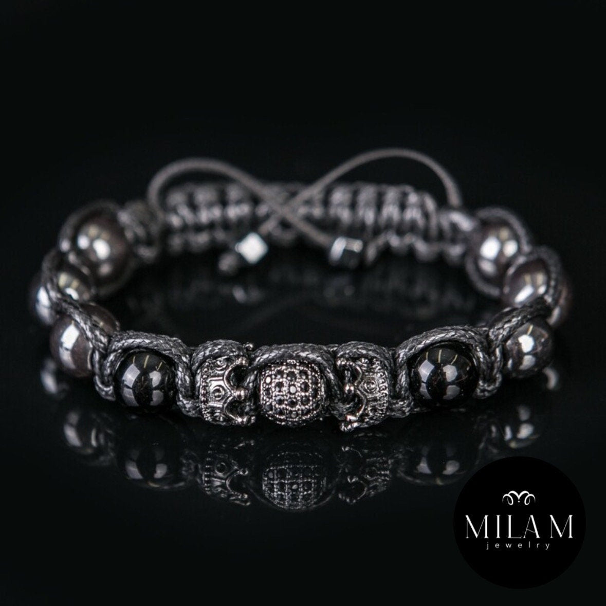 Handmade Black Onyx Bracelet, Crown CZ Diamond, Hematite Jewelry