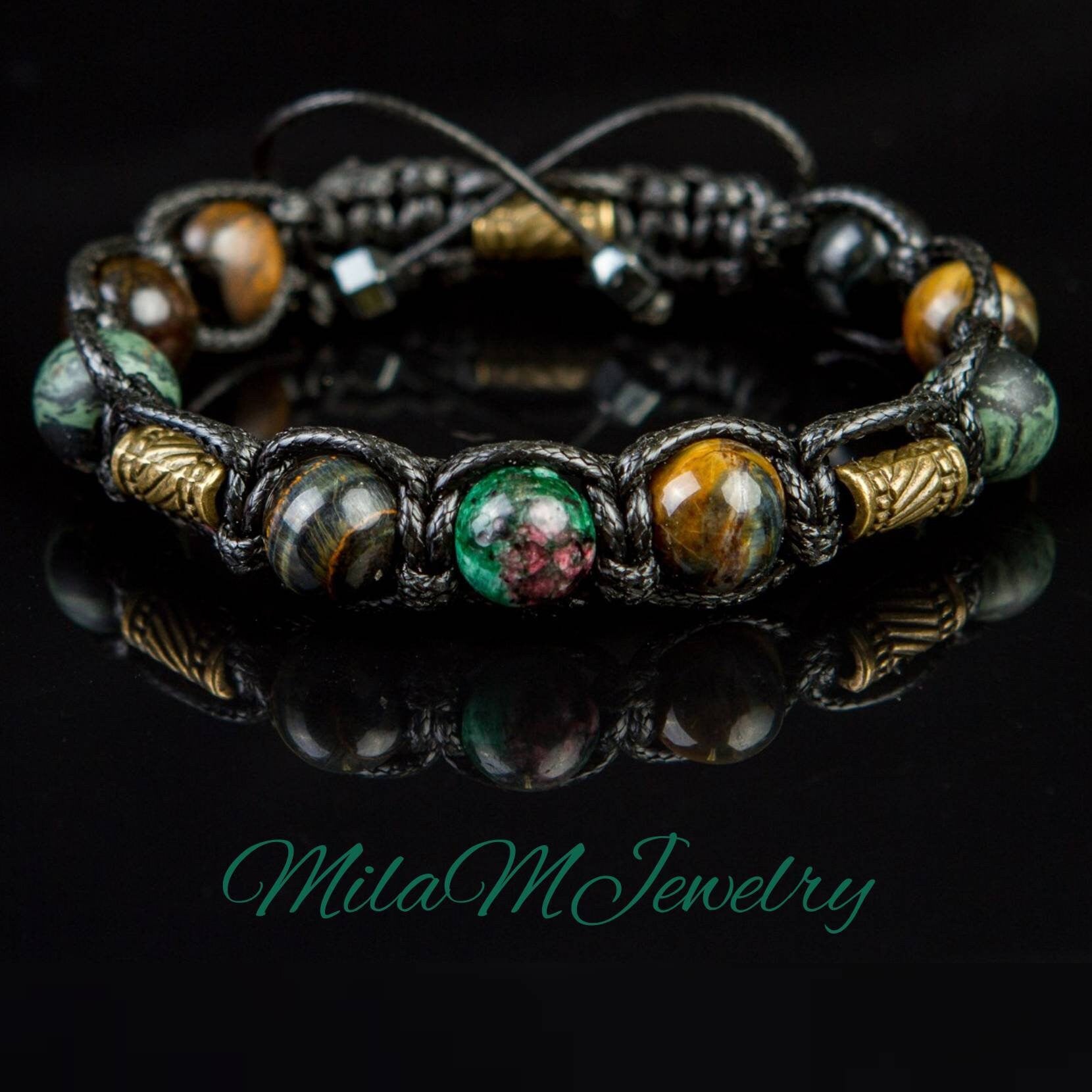 Spiritual Fortune Man Bracelet boho anyolite( ruby in zoisite, blue tiger eye, Kambaba jasper , bronze metal beads. Luxury men's jewelry