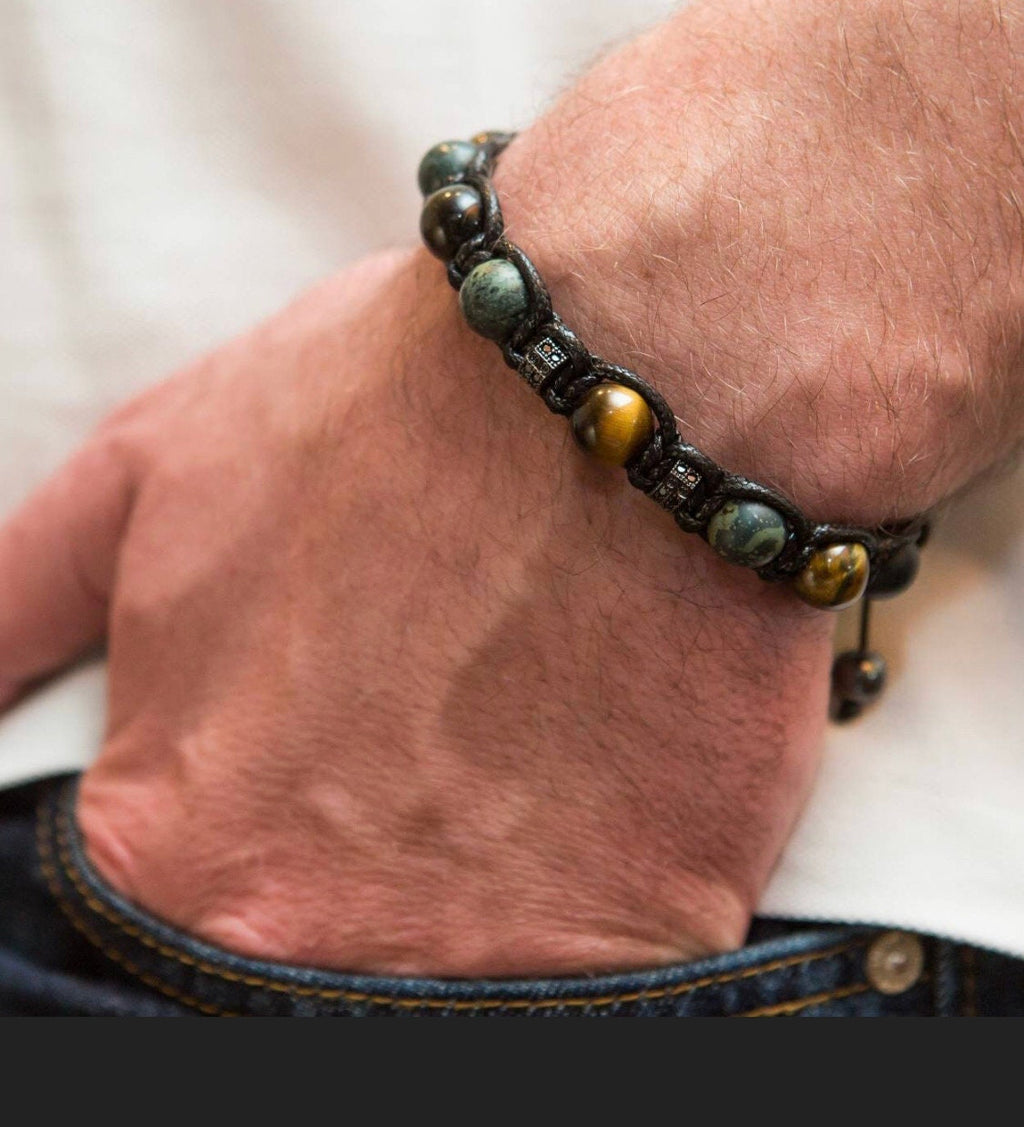 Men’s Natural Stone Bracelet, Tiger Eye Beaded Bracelet for Men, Green Rhyolite Gemstone Bracelet, Handmade Jewelry Gift for Him