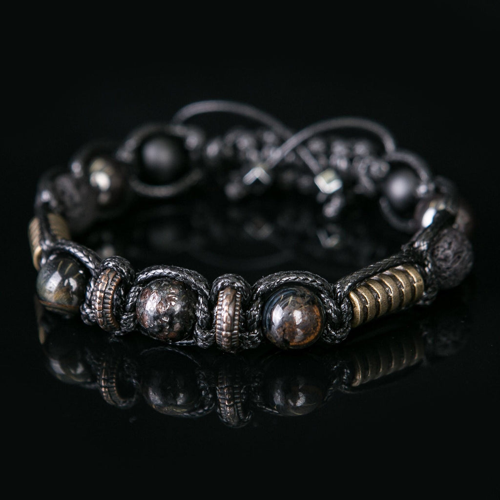 Men's Beaded Bracelet: Hawk Eye, Lava Rock, Hematite & Leather