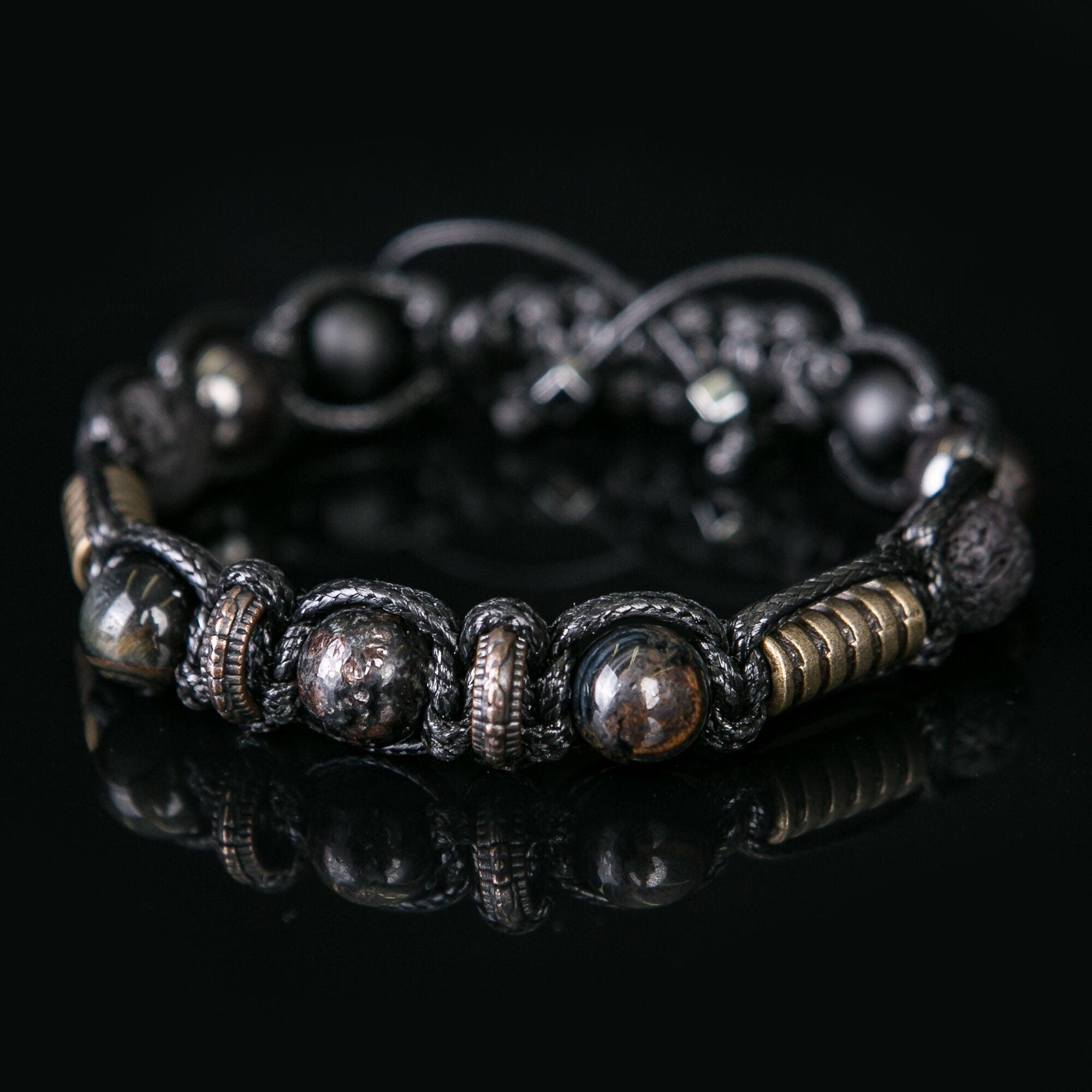 Men's Beaded Bracelet: Hawk Eye, Lava Rock, Hematite & Leather
