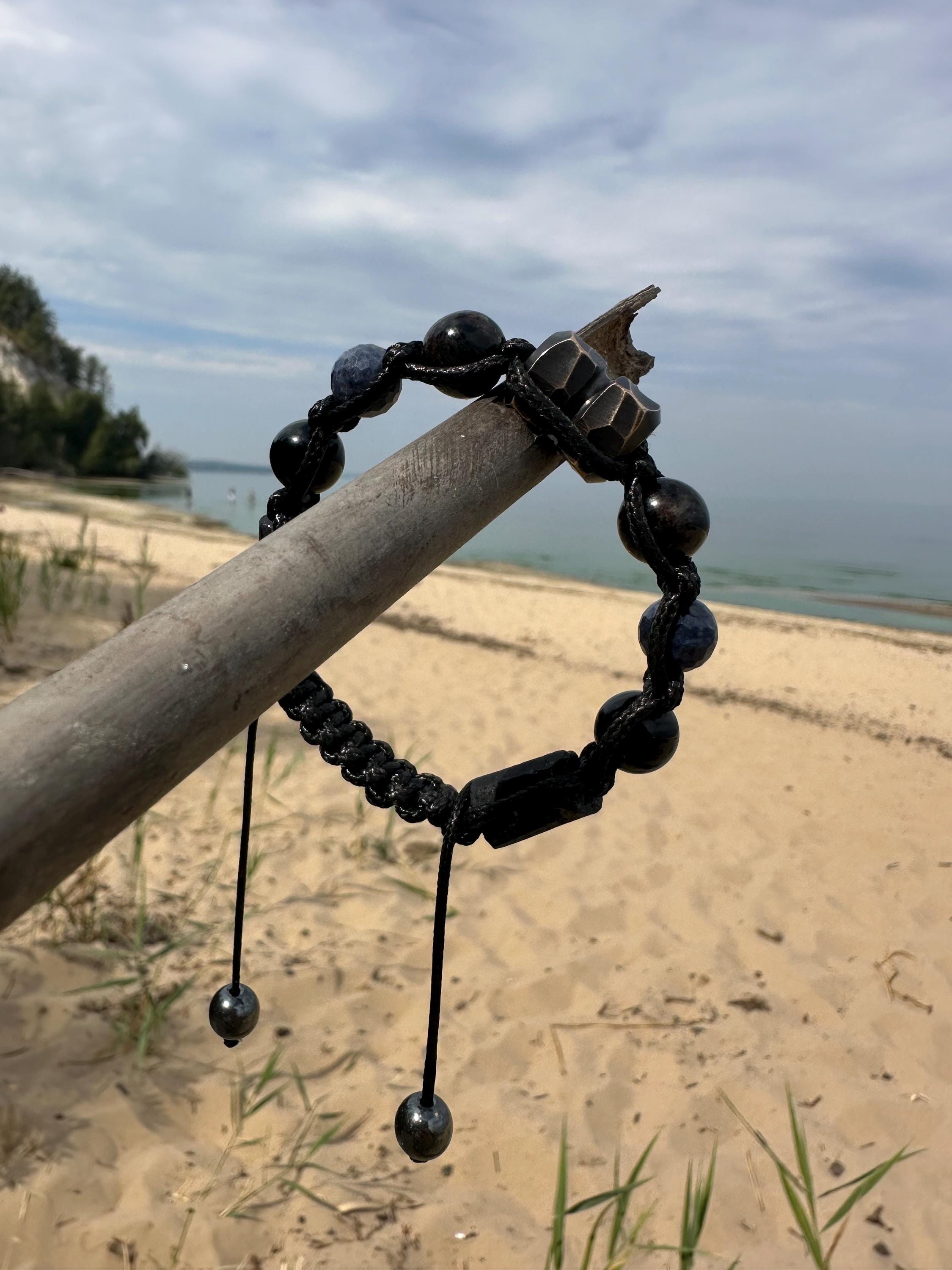 Mens Sapphire Bracelet • Black Tourmaline Bracelet with Handmade Metal bead Exclusive Gemstone Bracelet for Man, Husband Gift.