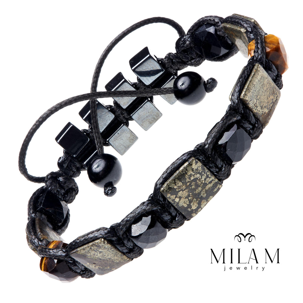 Mens protection Handmade bracelet Natural gemstones  beaded jewellery with Black Tourmaline, Pyrite, Tiger eye, Hematite Black Wtistband man