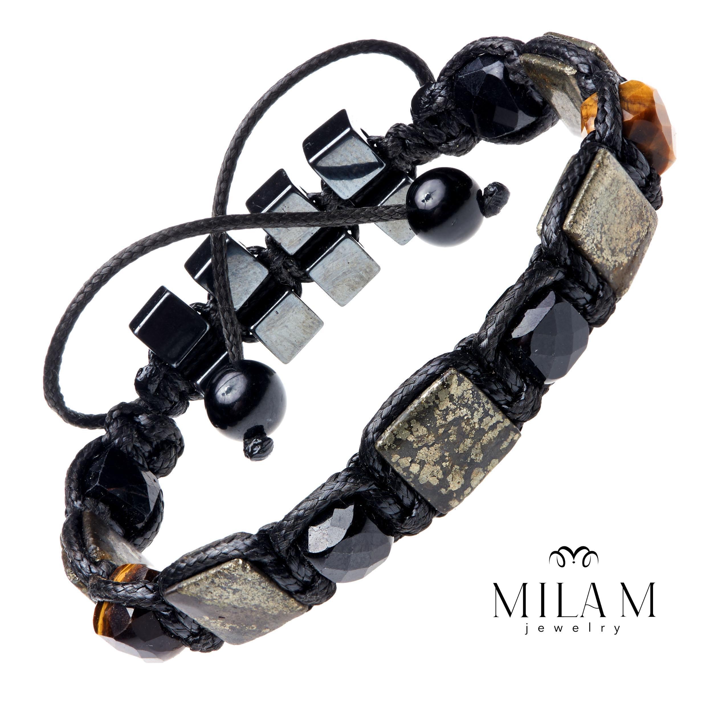 Mens protection Handmade bracelet Natural gemstones  beaded jewellery with Black Tourmaline, Pyrite, Tiger eye, Hematite Black Wtistband man