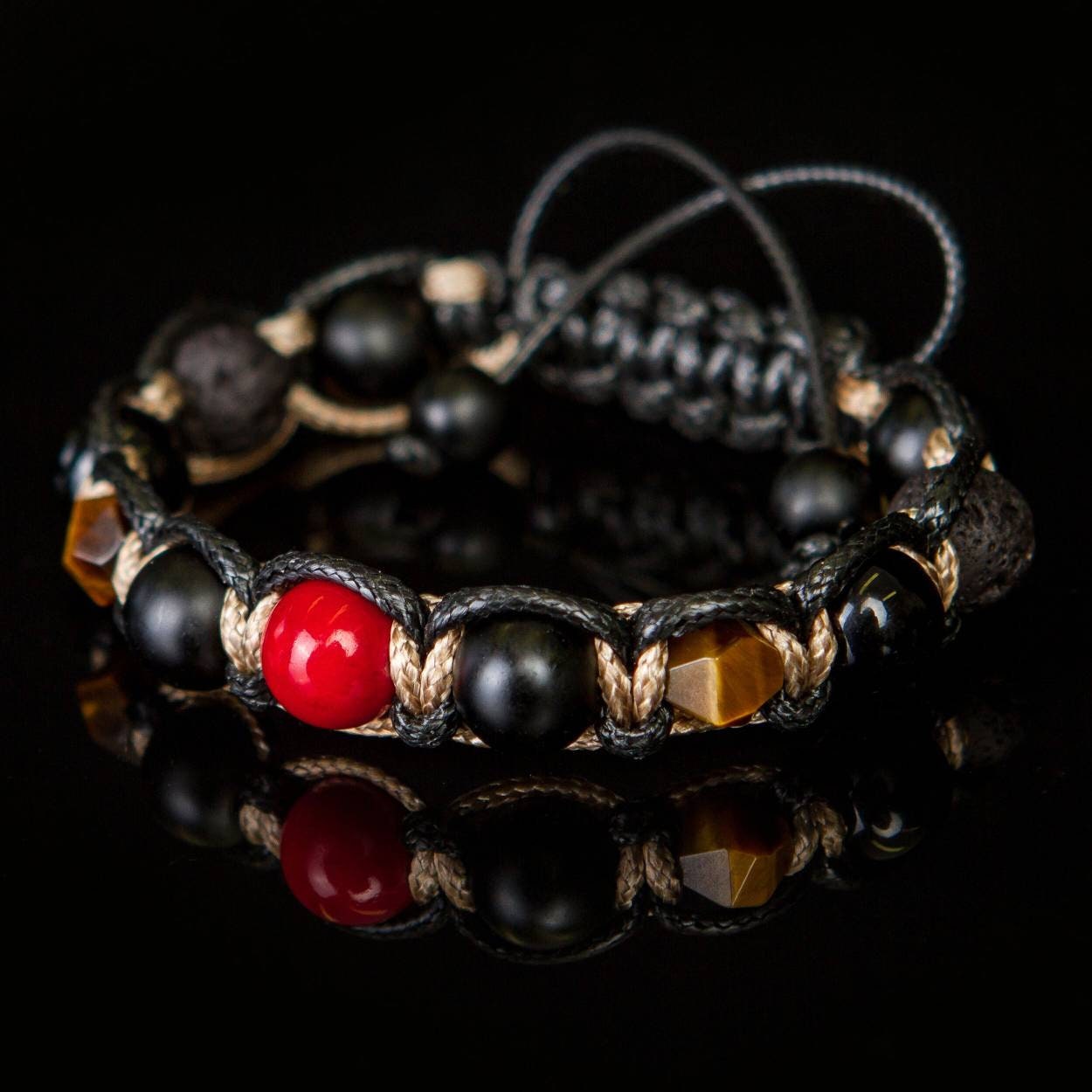 Mens Bracelet Red Gemstone Protection Coral, tiger eye, lava, matte onyx men's bracelet braided. Prosperity and good luck healing bracelet.