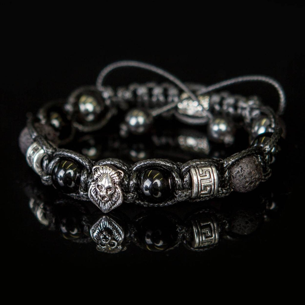 Lion bracelet with real gemstones - tiger's eye, exclusive, bronzite,  onyx, bronze metal beads.  Gift for Lion. Good luck talisman man