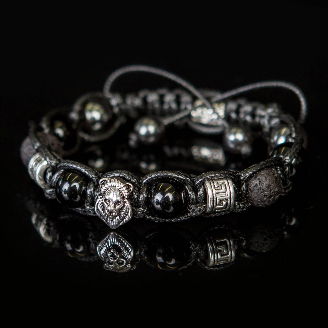 Lion bracelet with real gemstones - tiger's eye, exclusive, bronzite,  onyx, bronze metal beads.  Gift for Lion. Good luck talisman man