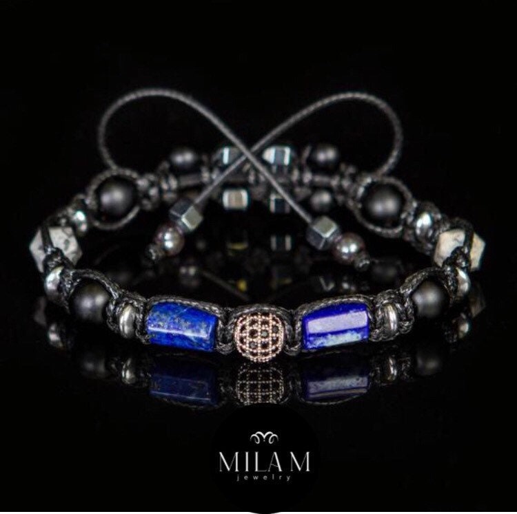 Men’s Protection Bracelet with Lapis Lazuli, Onyx, Hematite & Jasper – Clarity, Stability, Inner Strength Gift for son