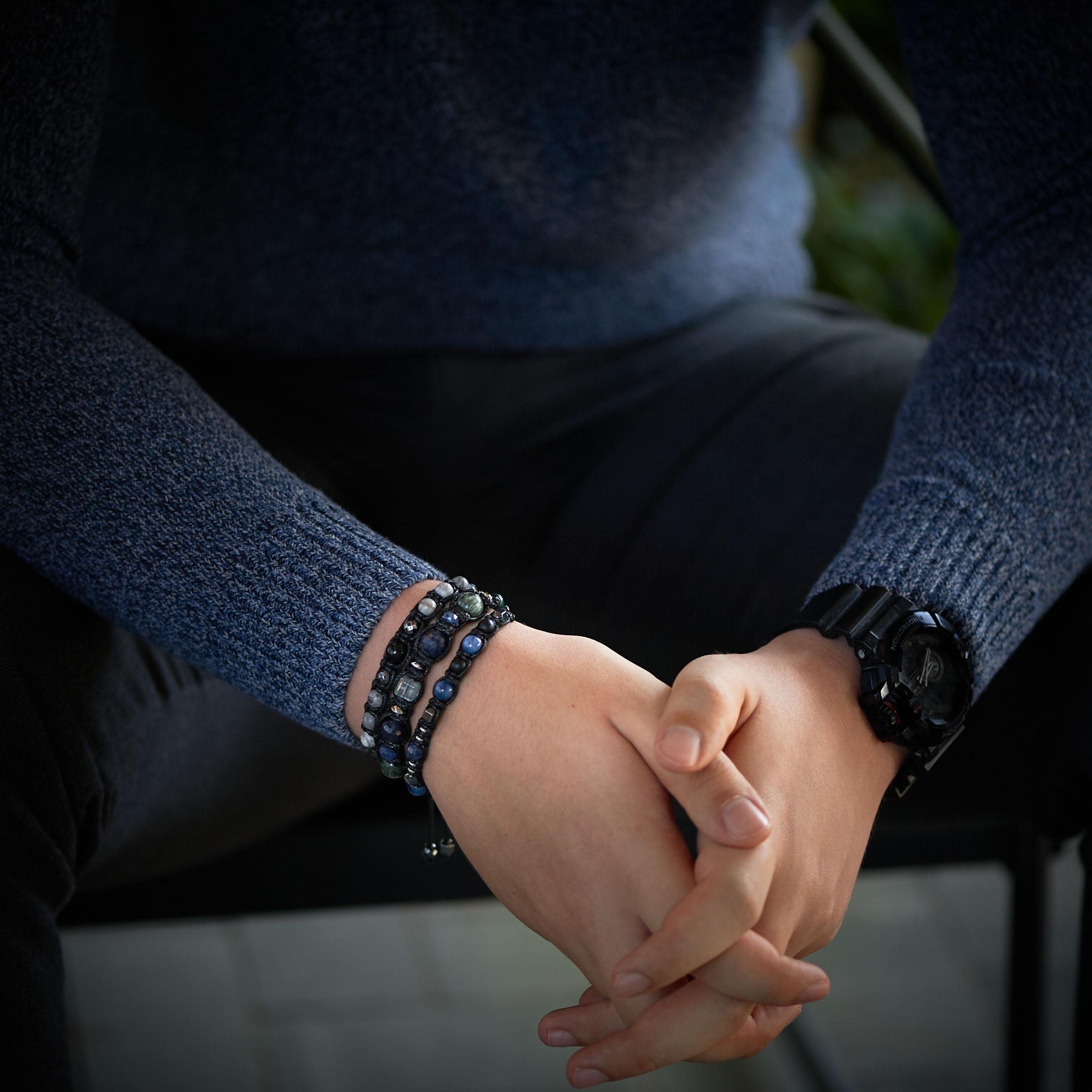 Blue sapphire bracelet men, Minimalist men's bracelet with precious stones - kyanite, hematite. Gifts for man protection success Jewelry