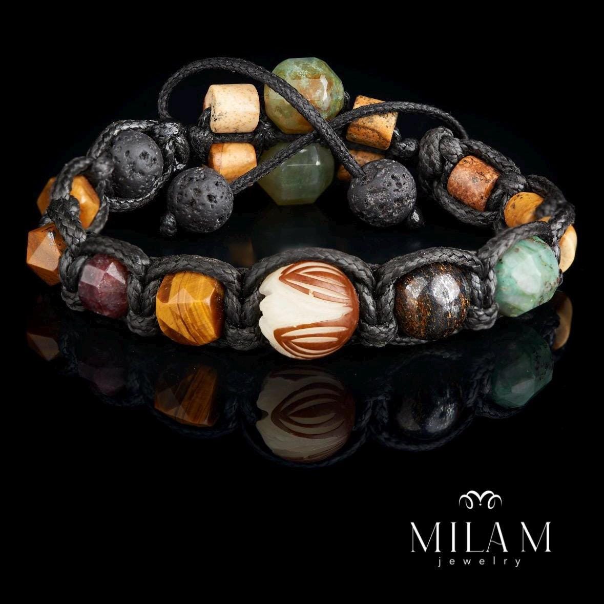 Men's Gemstone Bracelet, Bronzite, Lava Stone, Agate, Jasper, Hawk's Eye