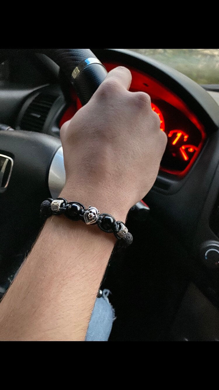 Lion bracelet men - black stones and silver metal beads. Black onyx  lava beads, hematite gemstones. Christmas gift for him