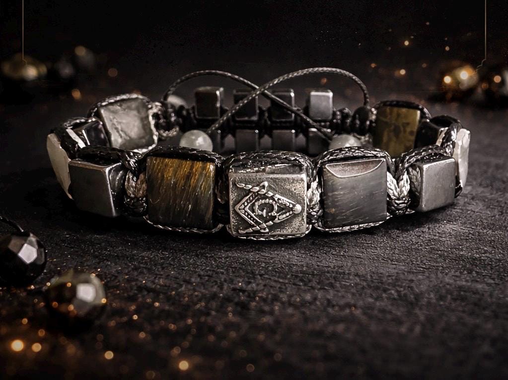 Masonic Symbol Bracelet for Men - Tiger's Eye Protection Stones - Sacred Geometry Jewelry, Brotherhood Gift, Freemason Talisman for Him
