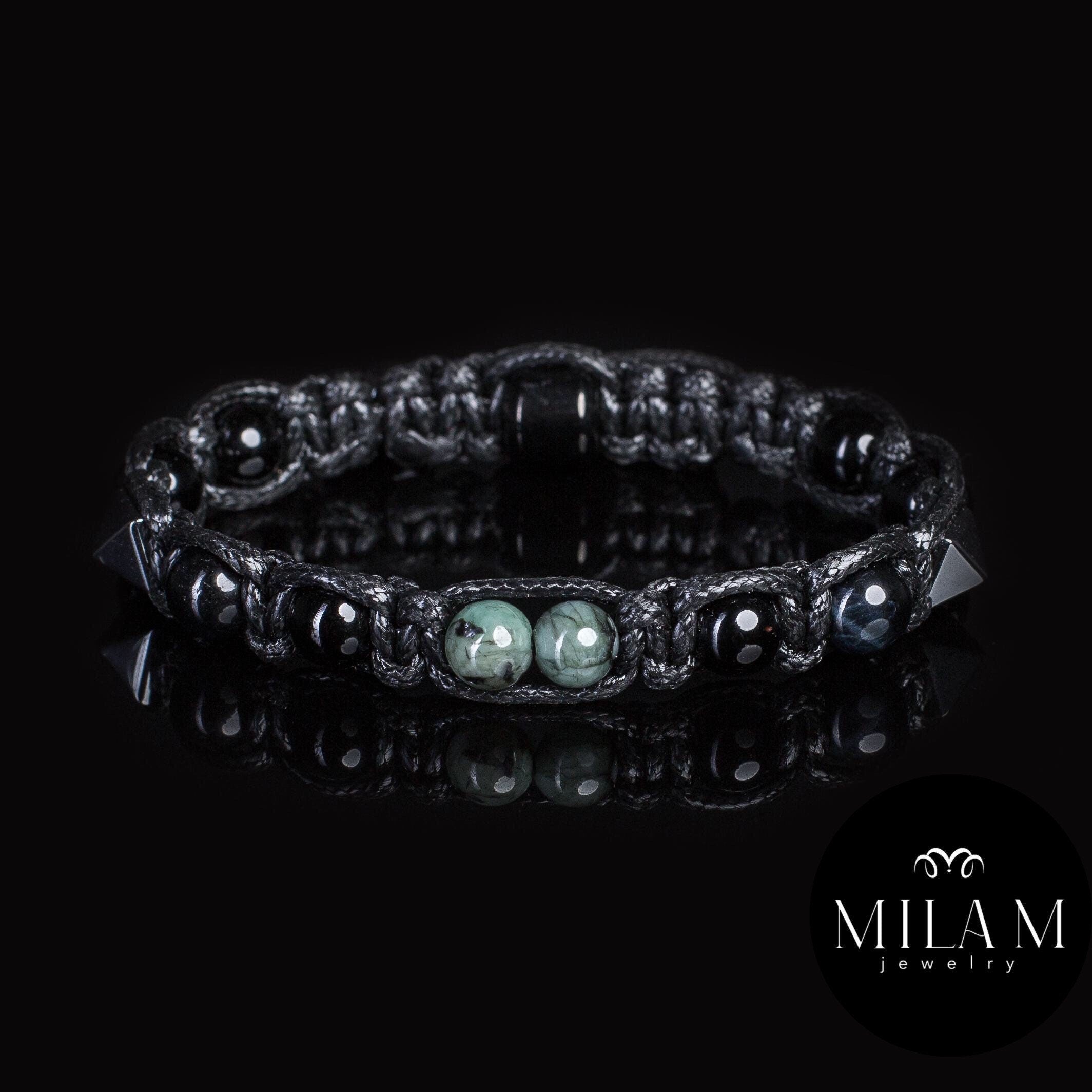 Mens Emerald Bracelet: Black Tourmaline, Tiger Eye & Hematite Amulet