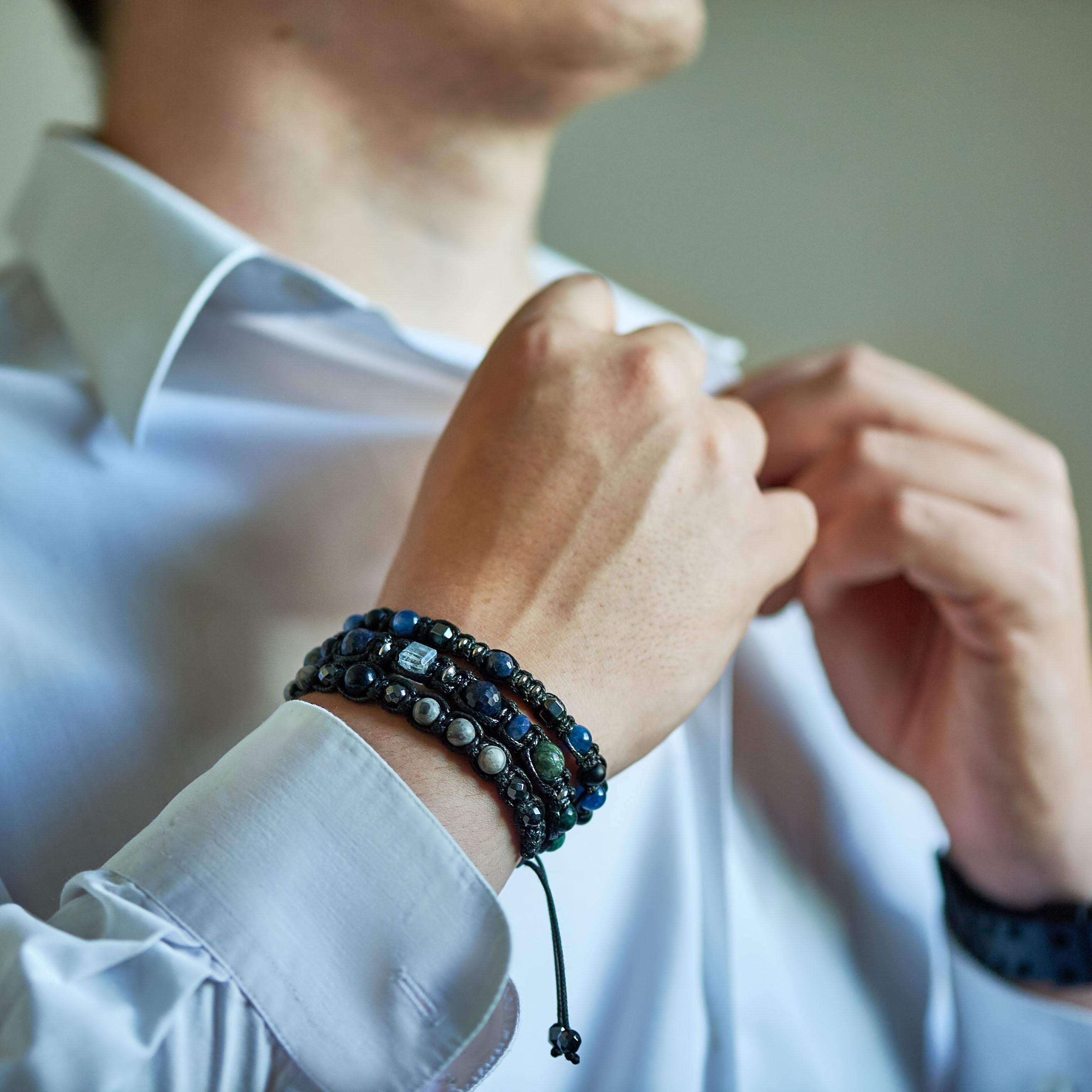 Blue sapphire bracelet men, Minimalist men's bracelet with precious stones - kyanite, hematite. Gifts for man protection success Jewelry