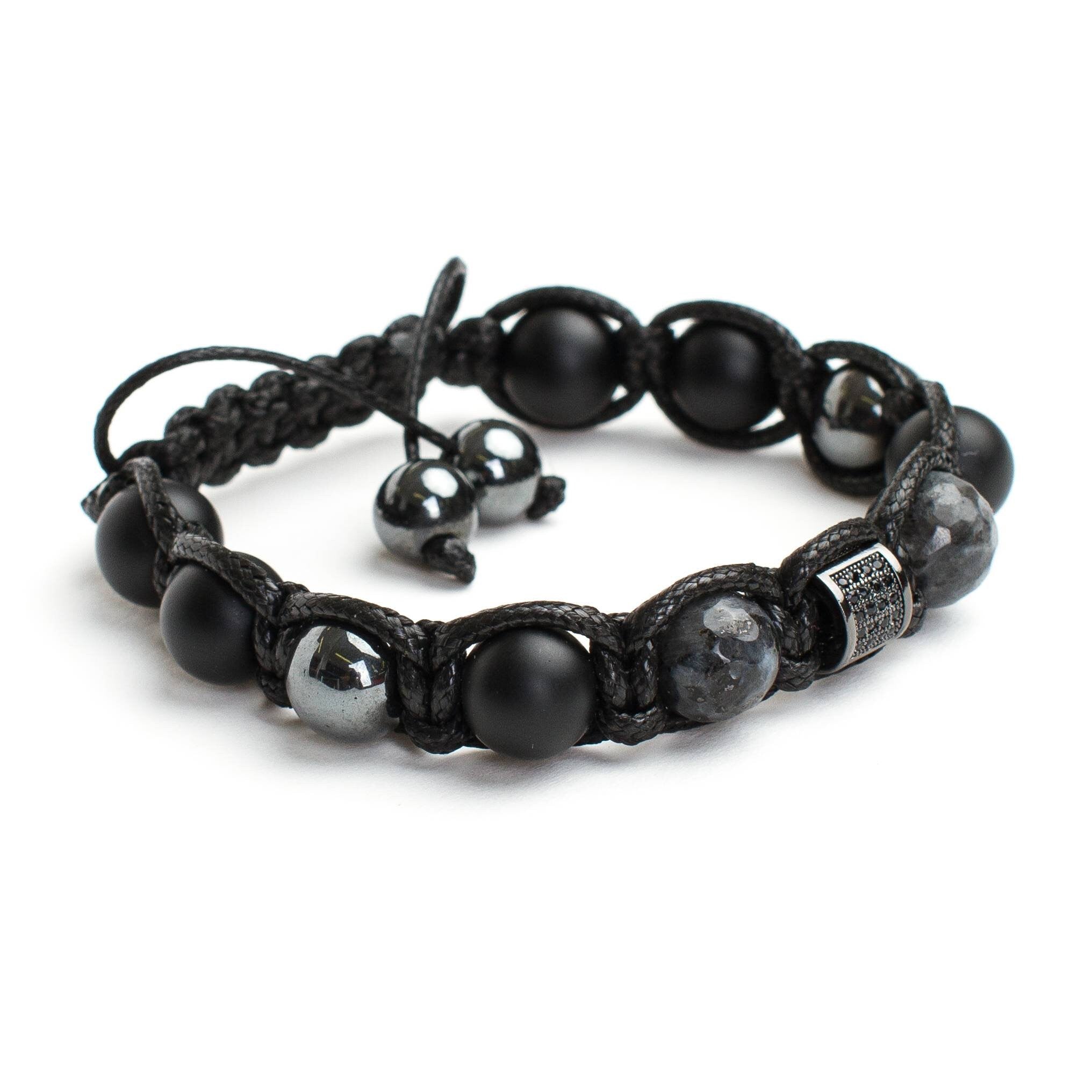 Men's bracelet diamond Black beads hematite, lavrikite, black onyx, zirconium. Gift for men