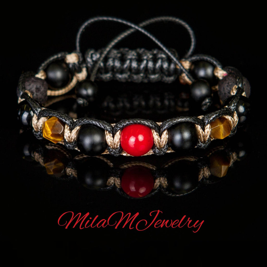 Mens Bracelet Red Gemstone Protection Coral, tiger eye, lava, matte onyx men's bracelet braided. Prosperity and good luck healing bracelet.