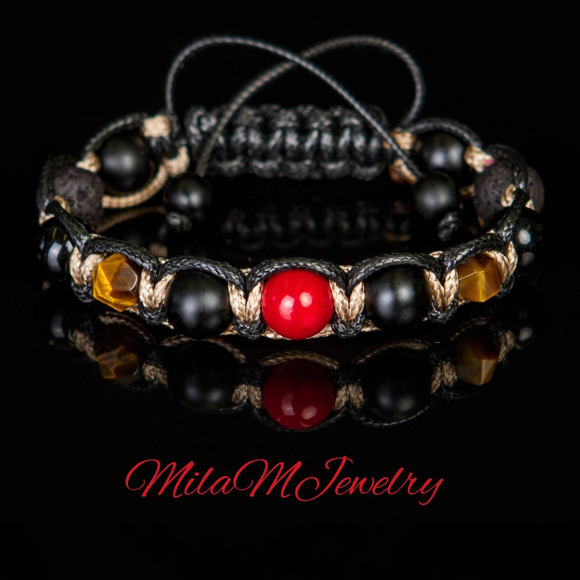 Mens Bracelet Red Gemstone Protection Coral, tiger eye, lava, matte onyx men's bracelet braided. Prosperity and good luck healing bracelet.