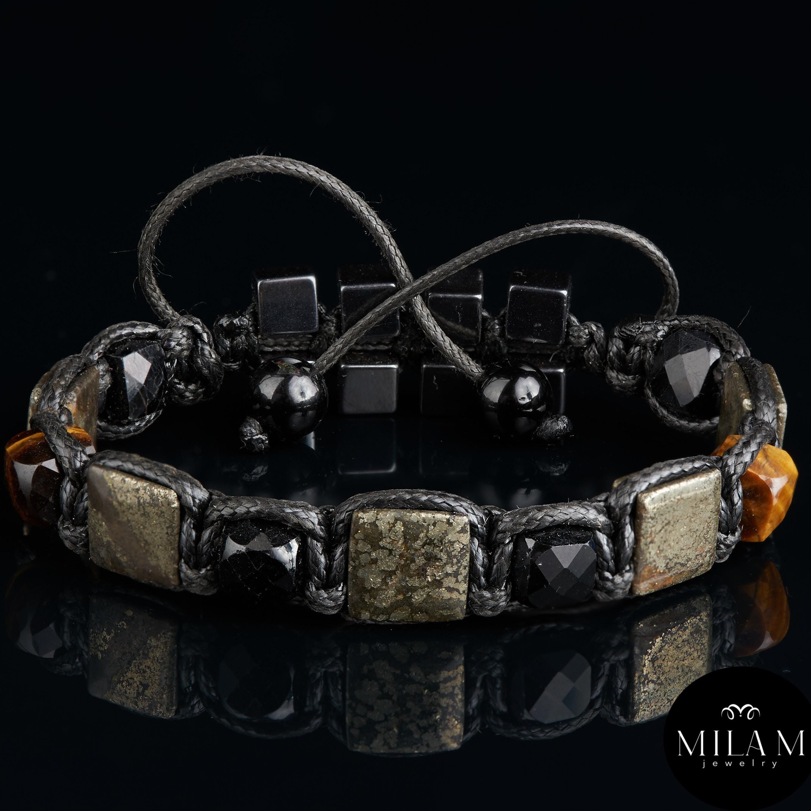 Mens protection Handmade bracelet Natural gemstones  beaded jewellery with Black Tourmaline, Pyrite, Tiger eye, Hematite Black Wtistband man