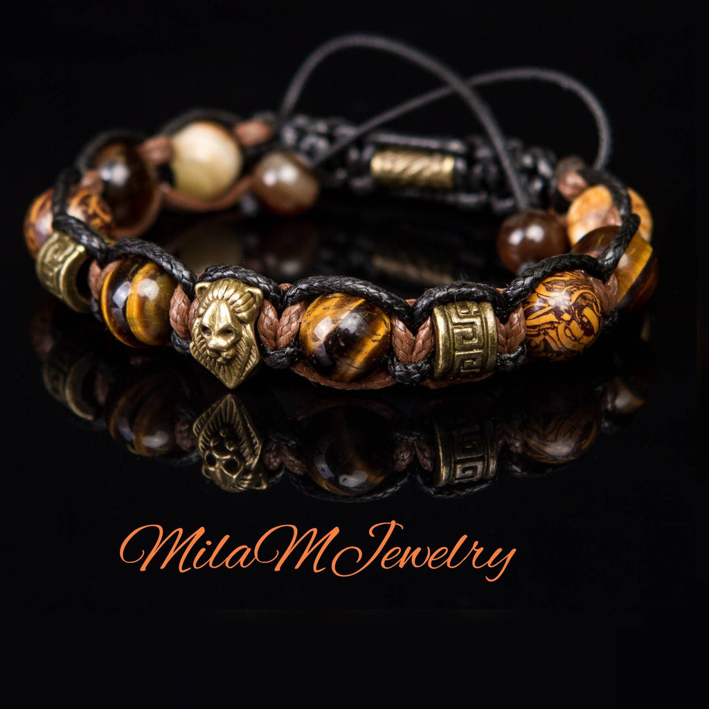 Lion bracelet men - black stones and silver metal beads. Black onyx  lava beads, hematite gemstones. Christmas gift for him