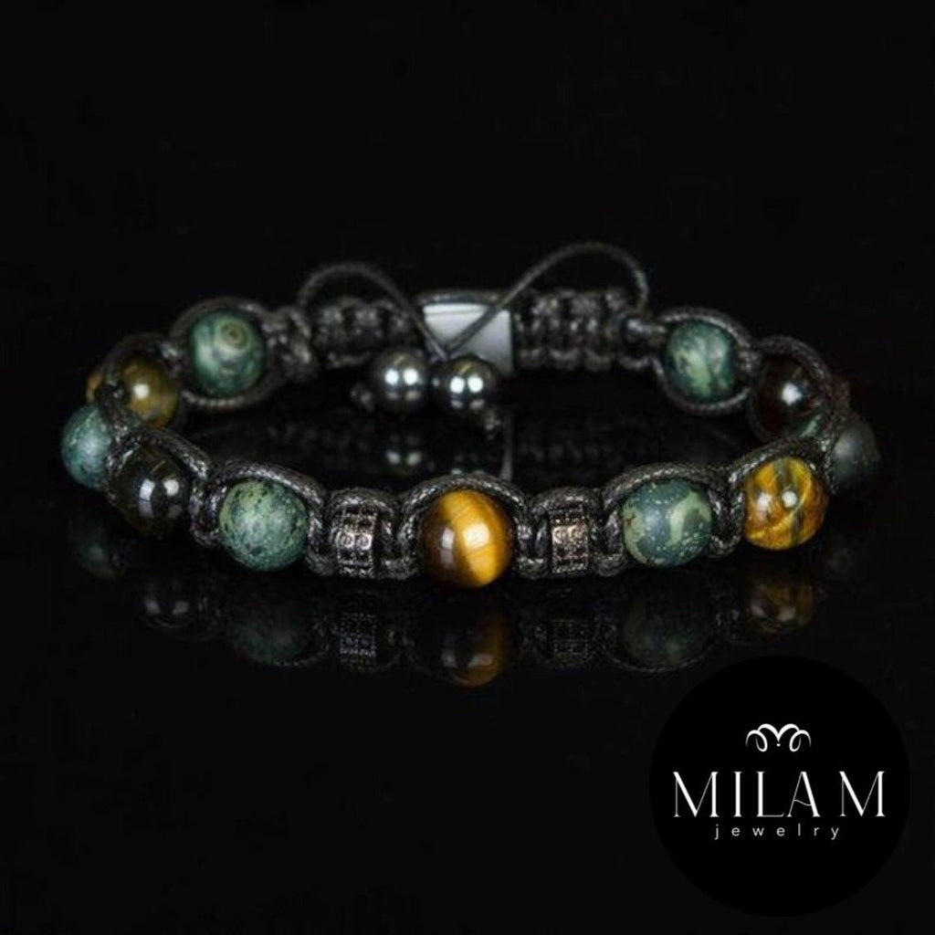 Men’s Natural Stone Bracelet, Tiger Eye Beaded Bracelet for Men, Green Rhyolite Gemstone Bracelet, Handmade Jewelry Gift for Him