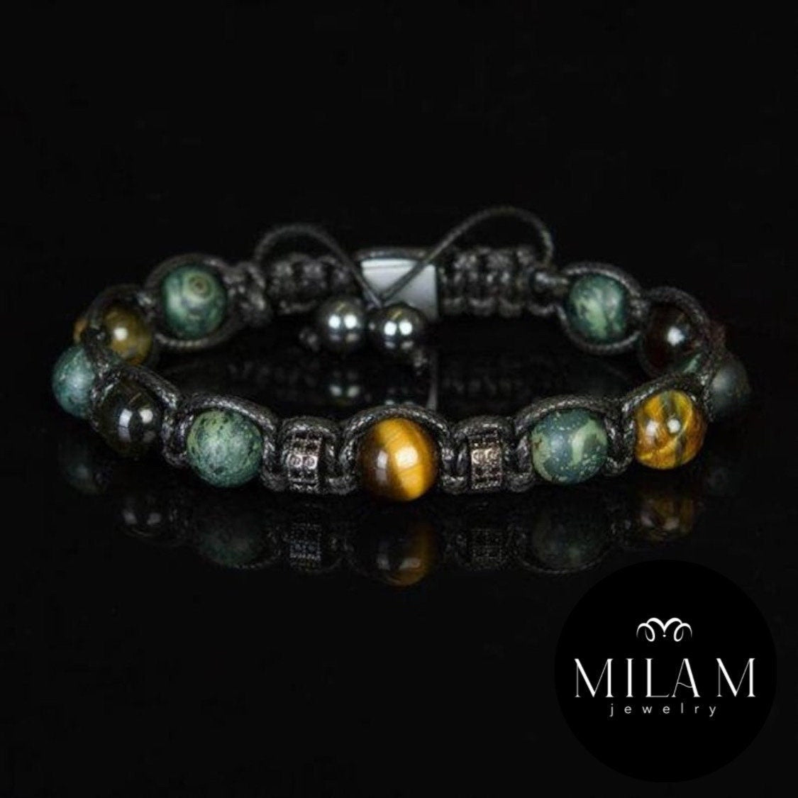 Men’s Natural Stone Bracelet, Tiger Eye Beaded Bracelet for Men, Green Rhyolite Gemstone Bracelet, Handmade Jewelry Gift for Him