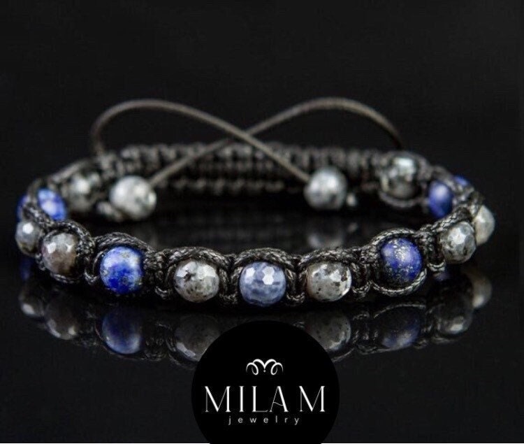 Men's Sapphire Bracelet • Lapis Lazuli & Larvikite Gemstone Beads