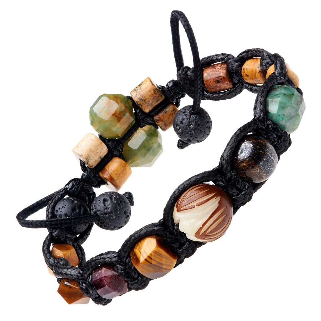 Men's Gemstone Bracelet, Bronzite, Lava Stone, Agate, Jasper, Hawk's Eye