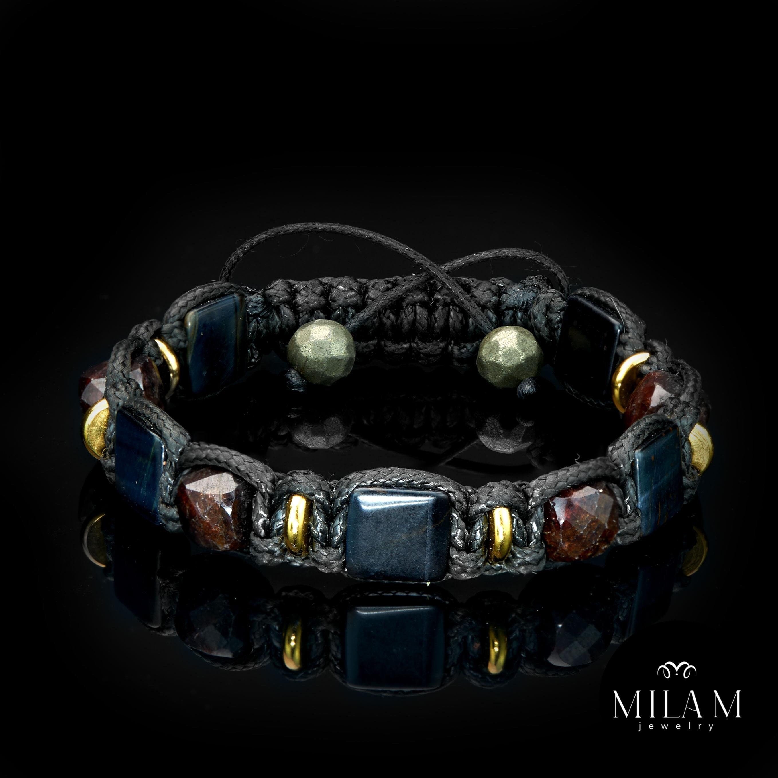 Energy Protection Men Bracelet gemstone Flat beads Blue tiger eye. Garnet cubes bracelets Gold Luxury men's jewelry