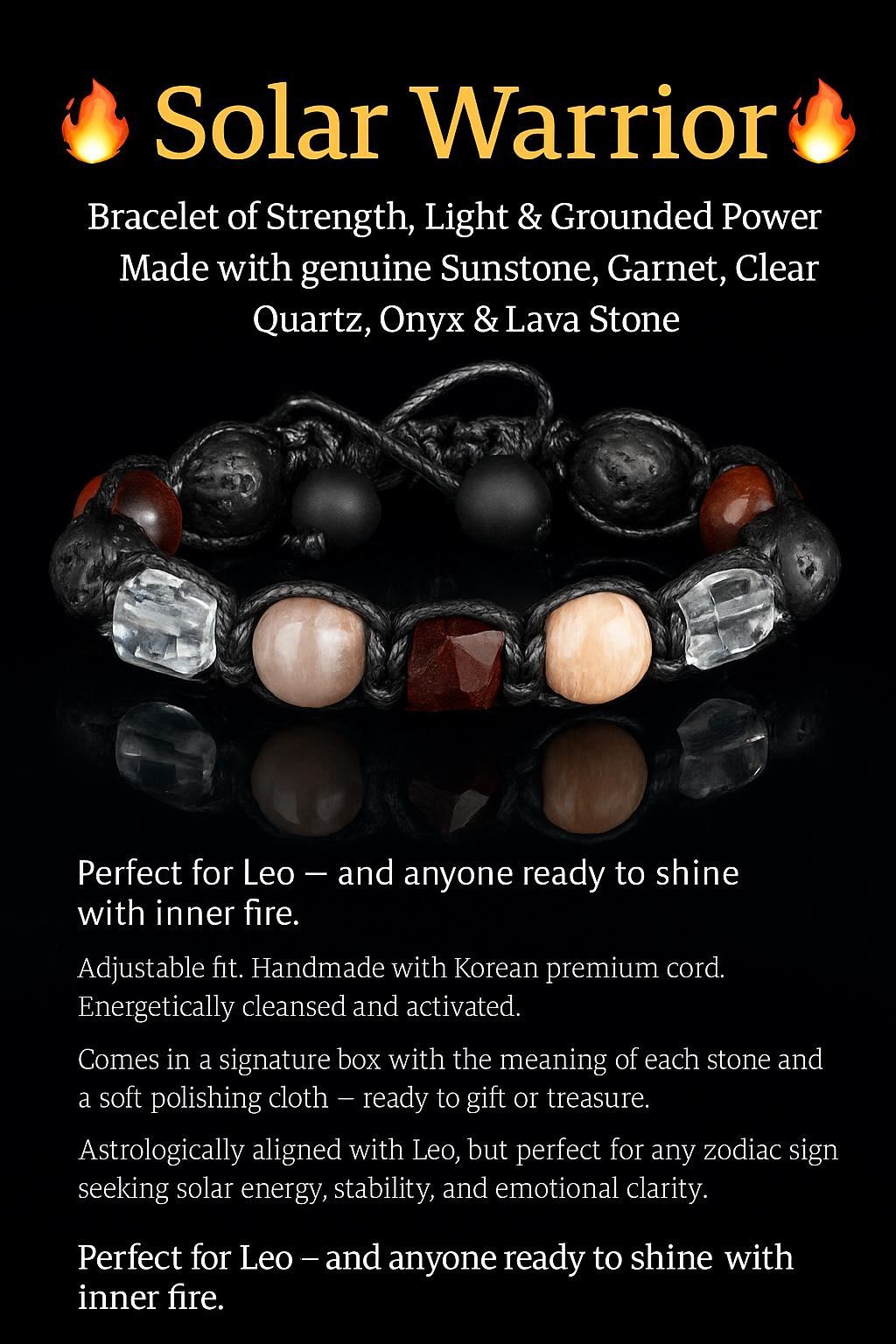 Men’s Zodiac Bracelet – Sunstone, Garnet & Lava,  Bull’s Eye, Clear quartz for Leo or Any Sign Seeking Strength Clarity | Handmade Spiritu