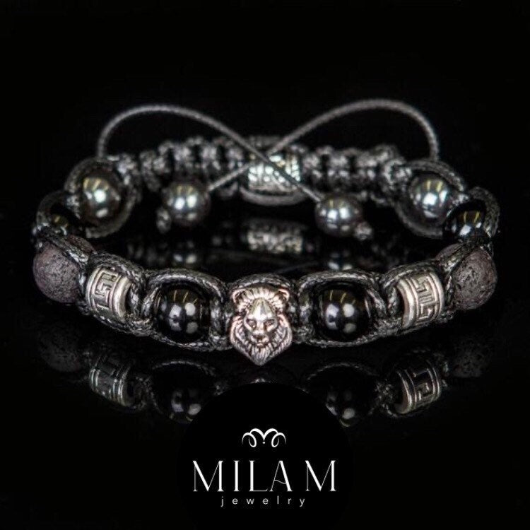 Lion bracelet with real gemstones - tiger's eye, exclusive, bronzite,  onyx, bronze metal beads.  Gift for Lion. Good luck talisman man