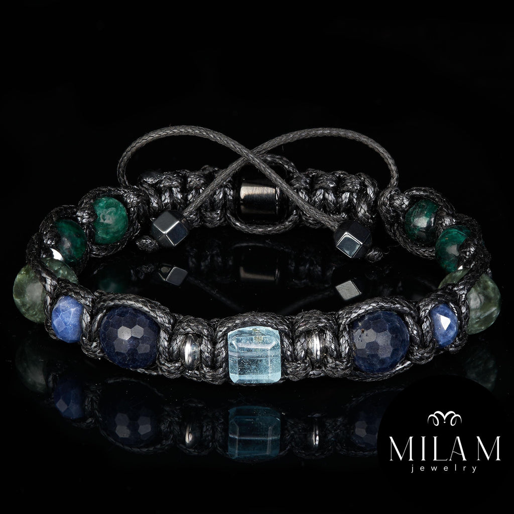 Mens Braided Black Cord Bracelet with Cube Blue Topaz, Natural Sapphire, Seraphinite, Emerald Fuchsite • Prosperity Manifest Wealth Success
