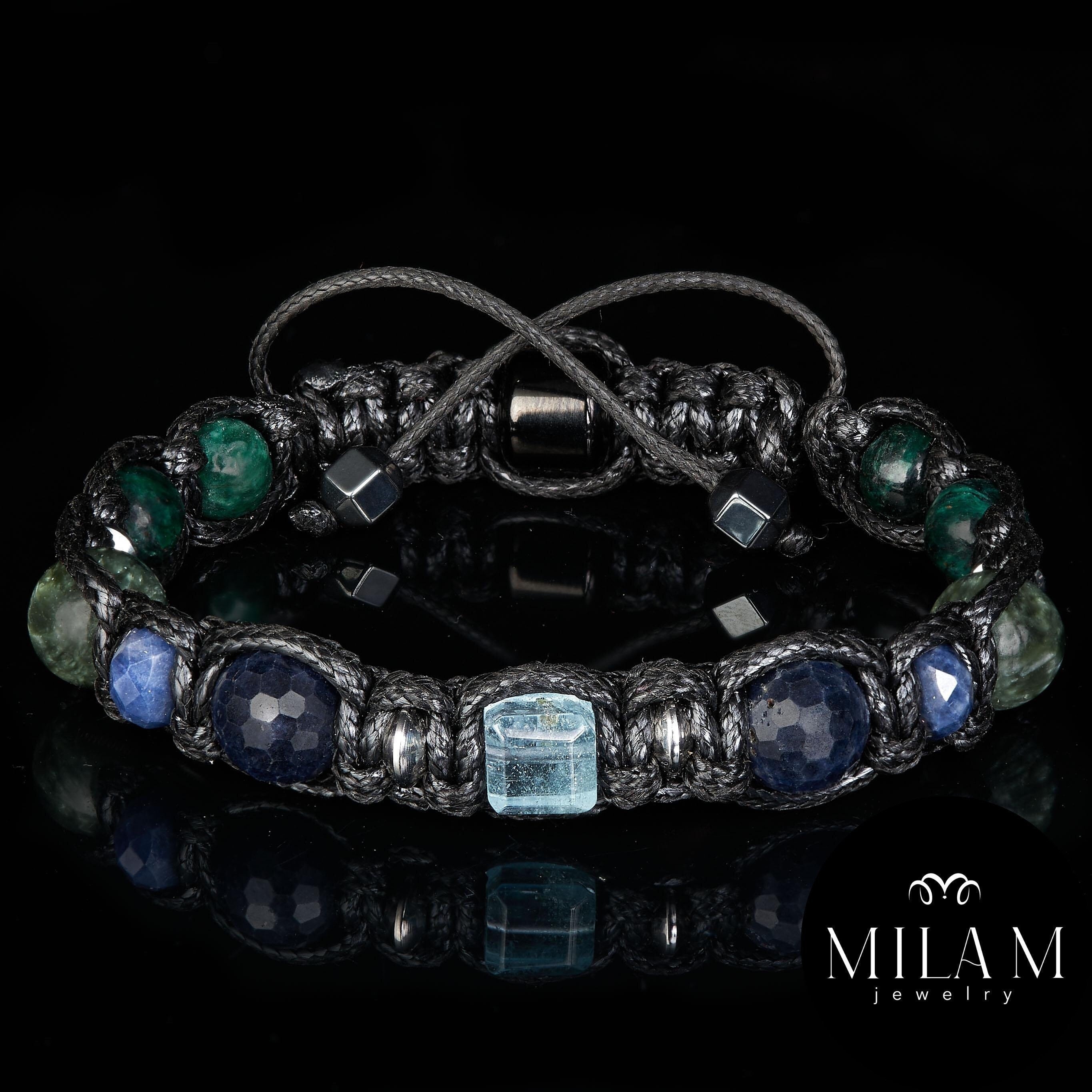Mens Braided Black Cord Bracelet with Cube Blue Topaz, Natural Sapphire, Seraphinite, Emerald Fuchsite • Prosperity Manifest Wealth Success