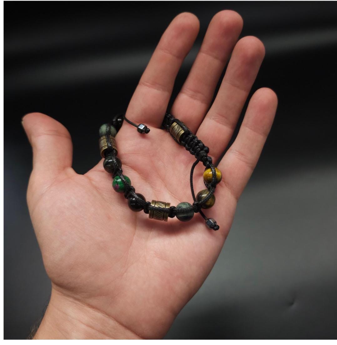Spiritual Fortune Man Bracelet boho anyolite( ruby in zoisite, blue tiger eye, Kambaba jasper , bronze metal beads. Luxury men's jewelry