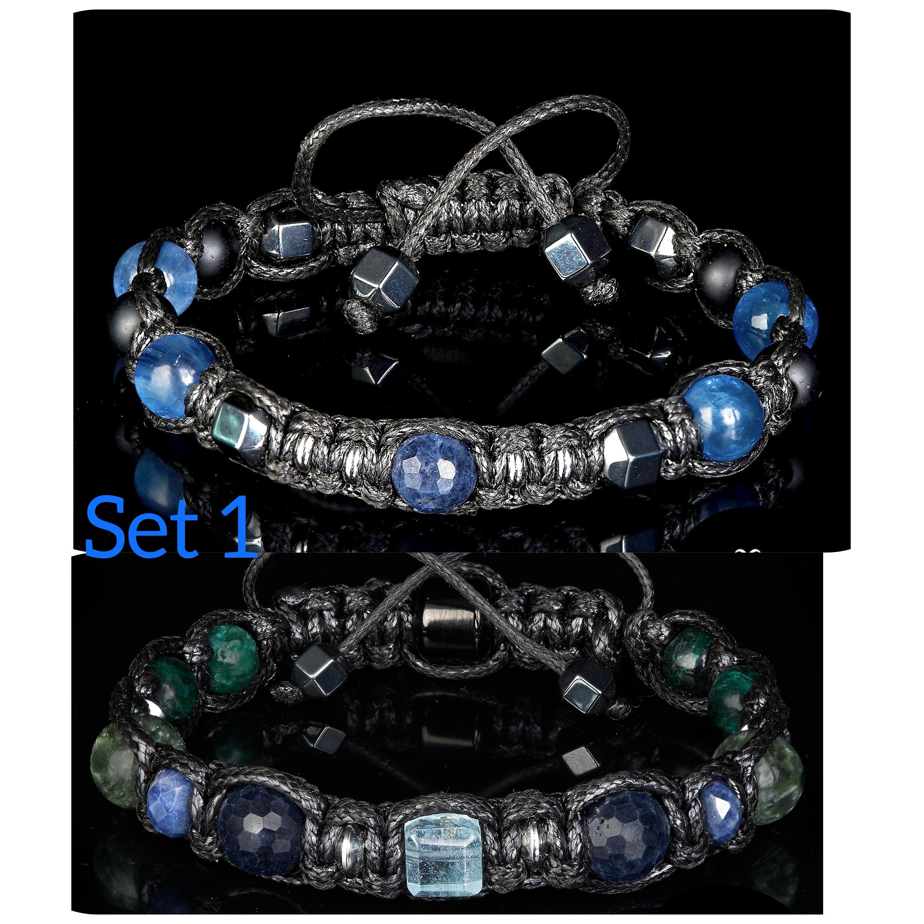 Blue sapphire bracelet men, Minimalist men's bracelet with precious stones - kyanite, hematite. Gifts for man protection success Jewelry