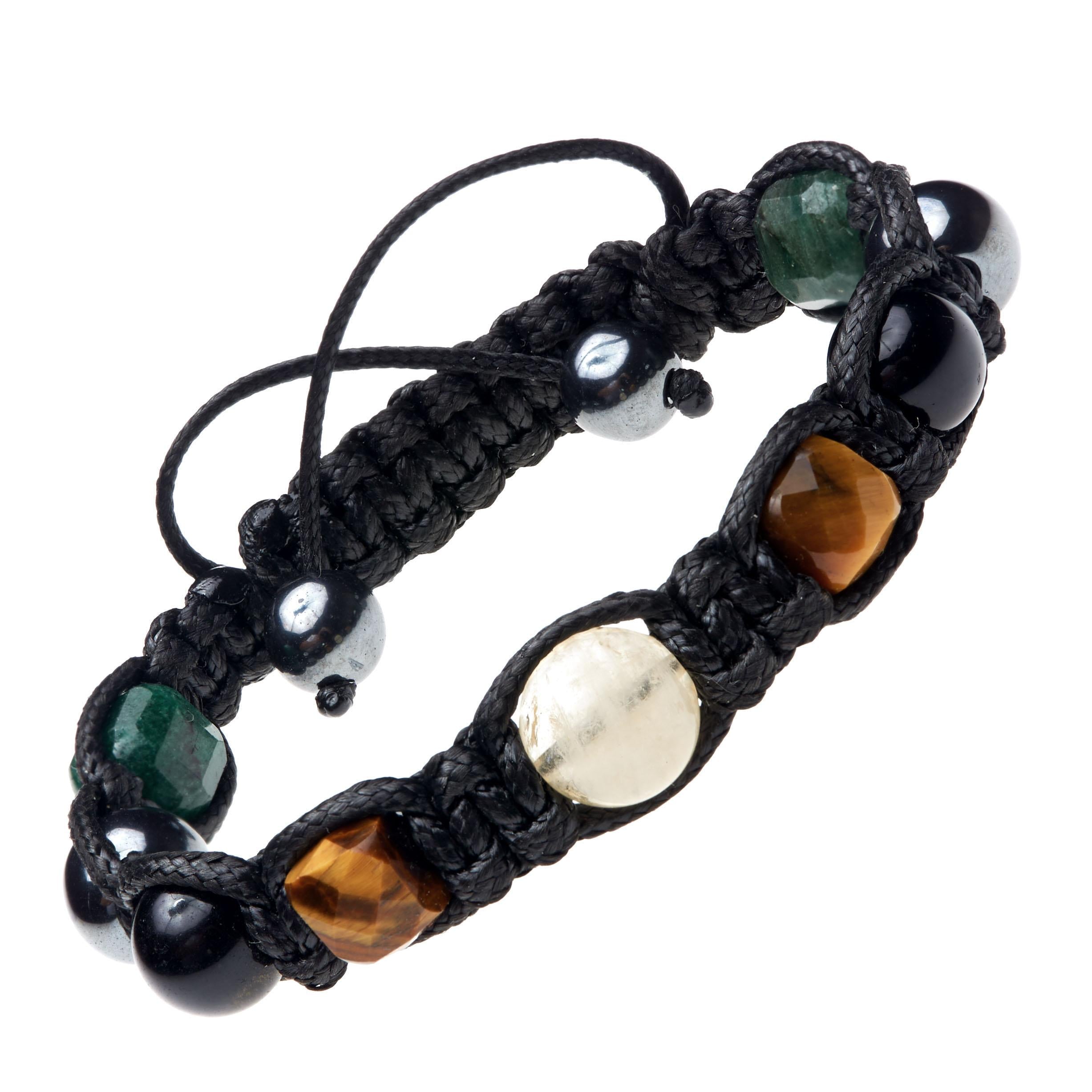 Men's bracelet with precious stones citrine - obsidian, fuchsite for wealth, protection and harmony