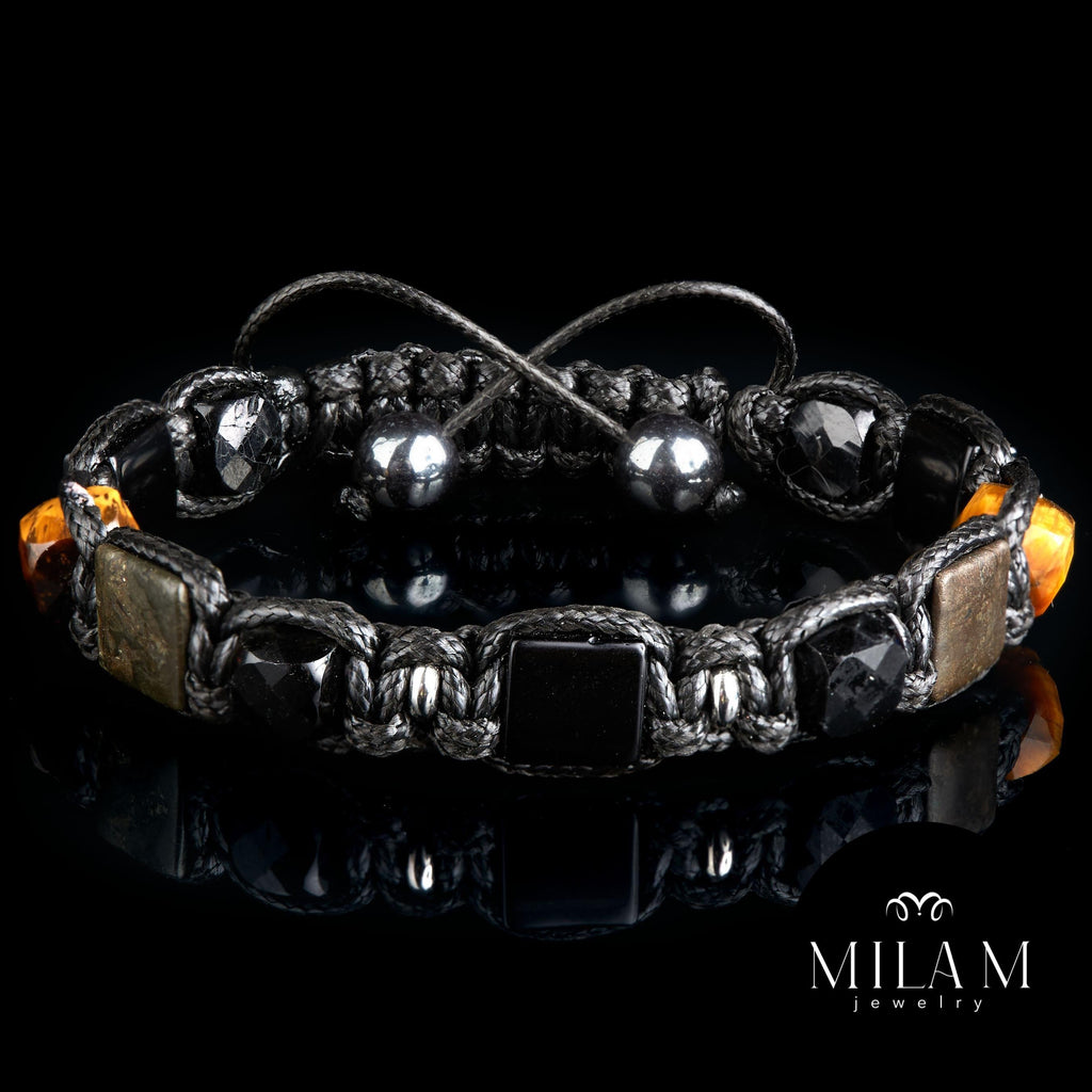 Men‘s Protection Wealth Bracelet - Black Tourmaline, Pyrite, Tiger's Eye Flat Beads - Success Amulet, Handmade Luxury Gift for Him