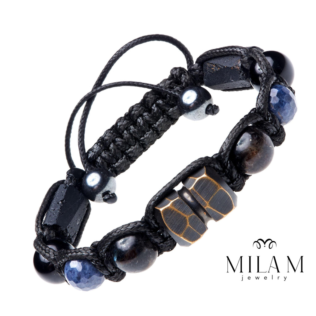 Mens Sapphire Bracelet • Black Tourmaline Bracelet with Handmade Metal bead Exclusive Gemstone Bracelet for Man, Husband Gift.