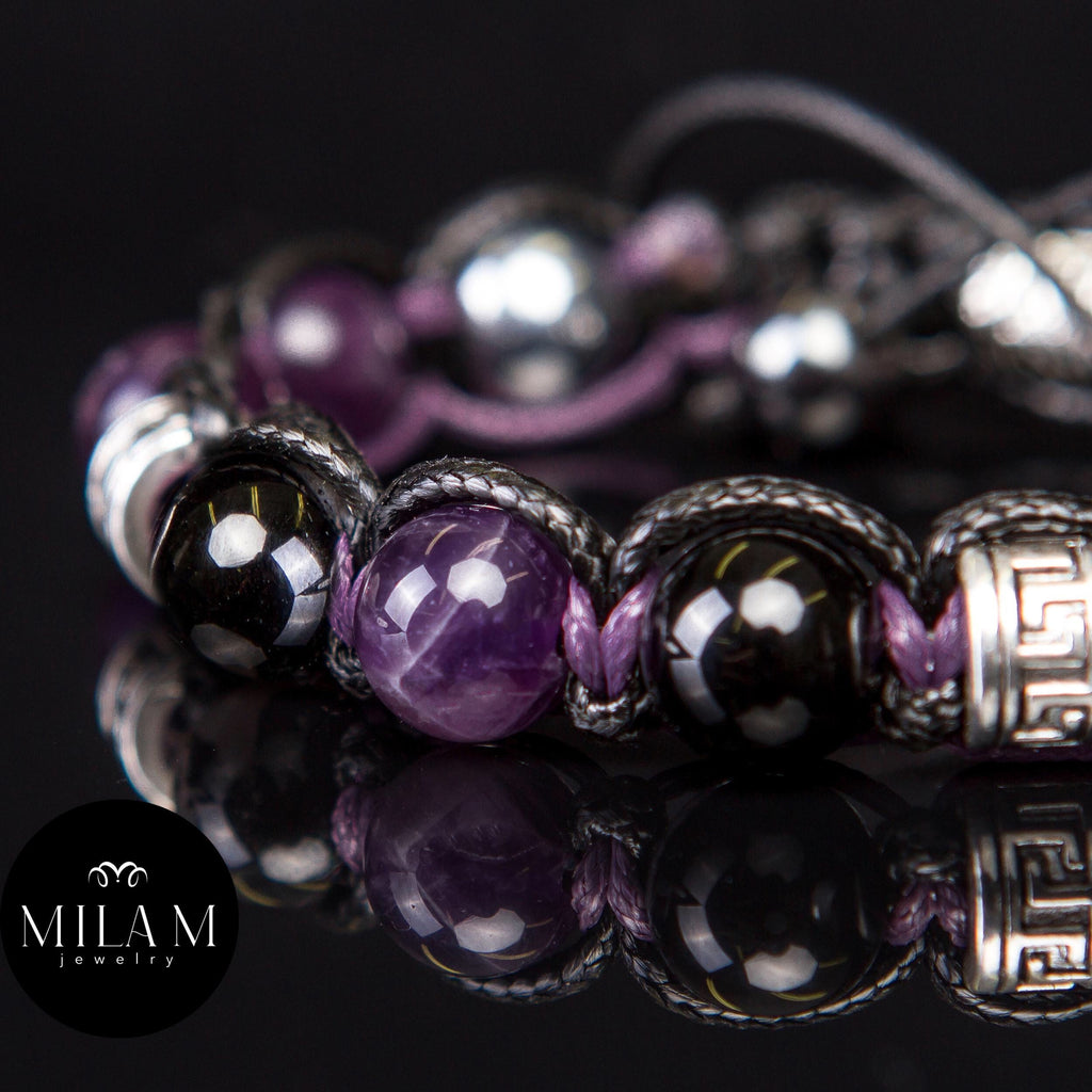 Amethyst • Black Tourmaline • Unisex Bracelet for Men and Women. Men's Bracelet. Purple-black stones, 10 mm, with metal accents.