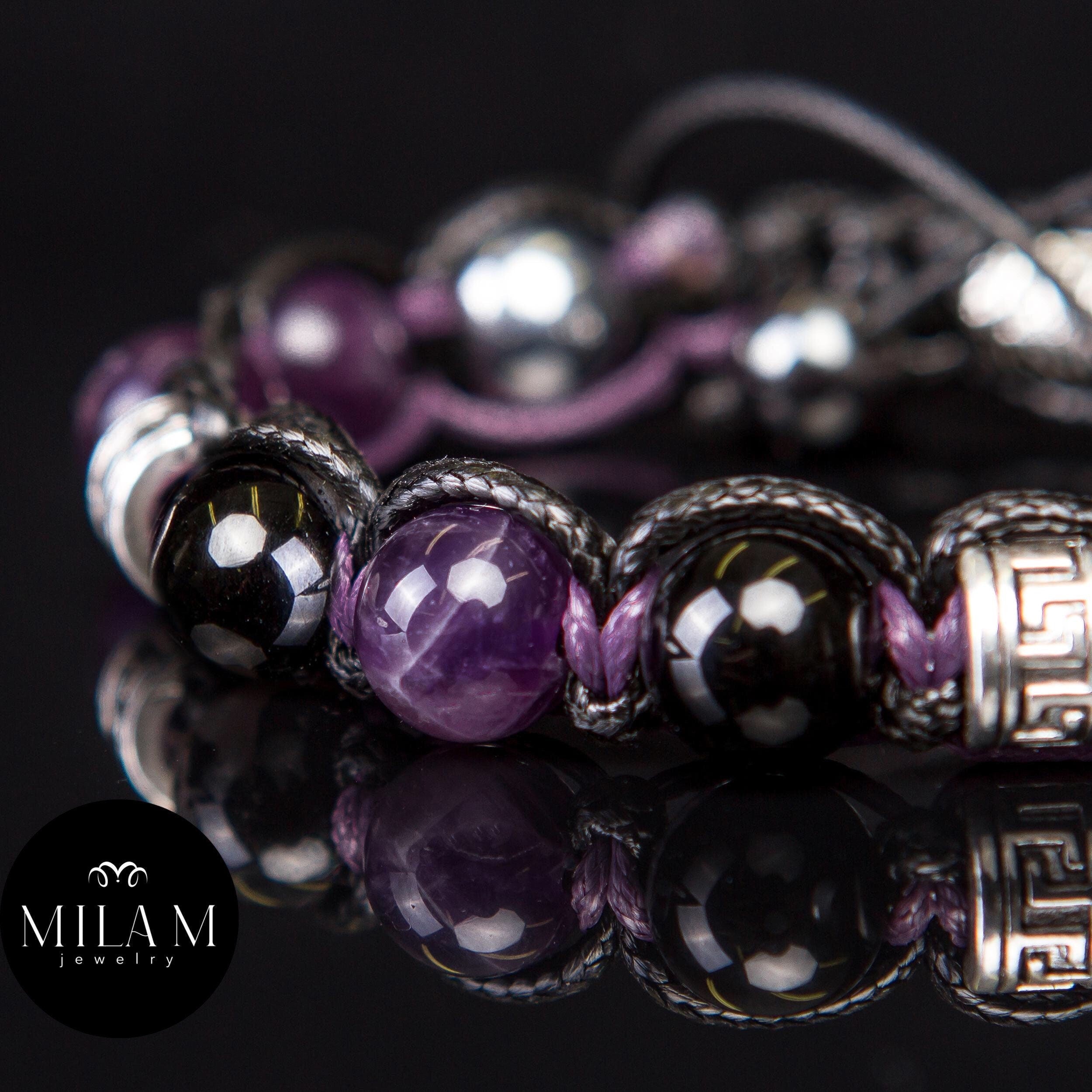 Amethyst • Black Tourmaline • Unisex Bracelet for Men and Women. Men's Bracelet. Purple-black stones, 10 mm, with metal accents.