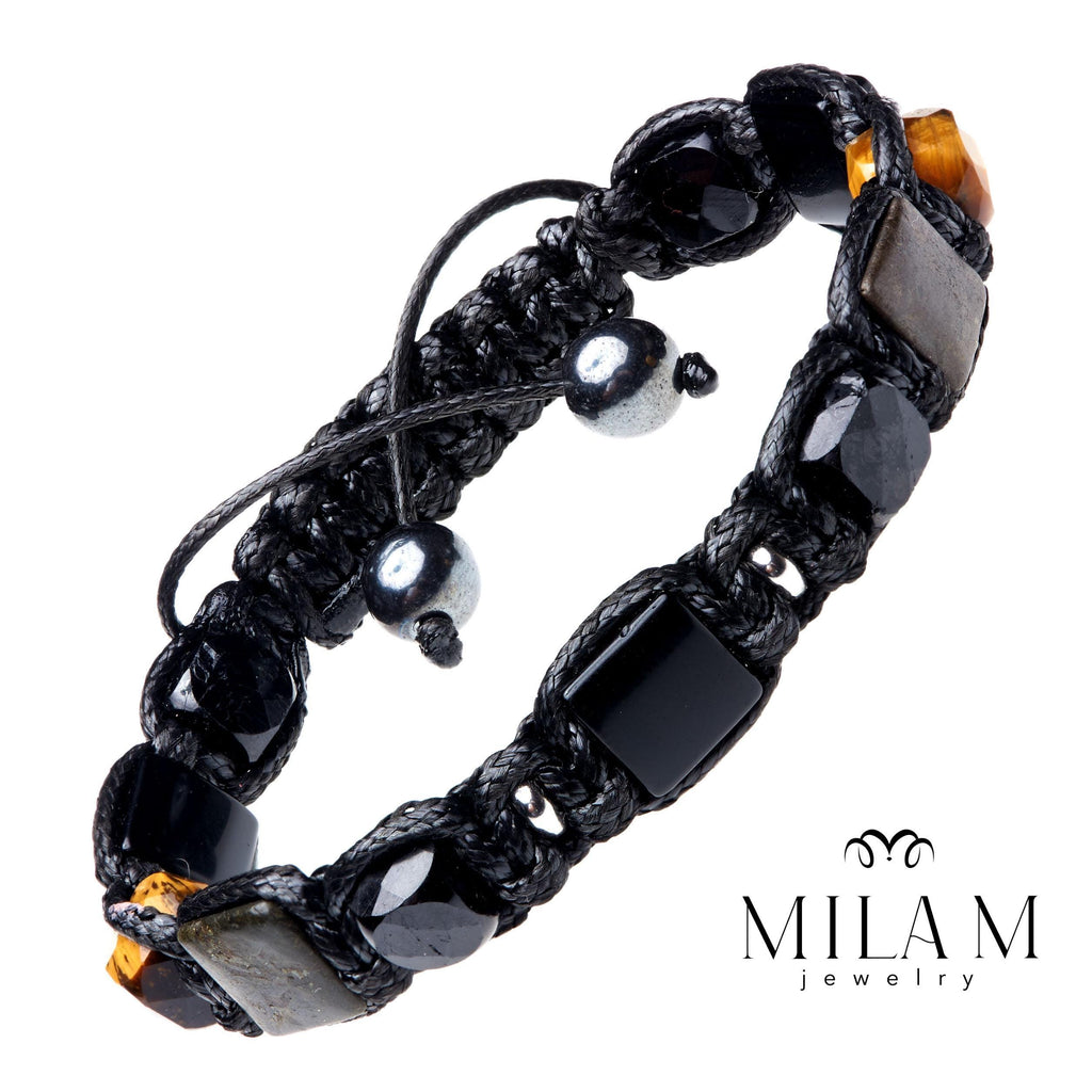 Men‘s Protection Wealth Bracelet - Black Tourmaline, Pyrite, Tiger's Eye Flat Beads - Success Amulet, Handmade Luxury Gift for Him