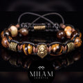 Lion bracelet with real gemstones - tiger's eye, exclusive, bronzite,  onyx, bronze metal beads.  Gift for Lion. Good luck talisman man