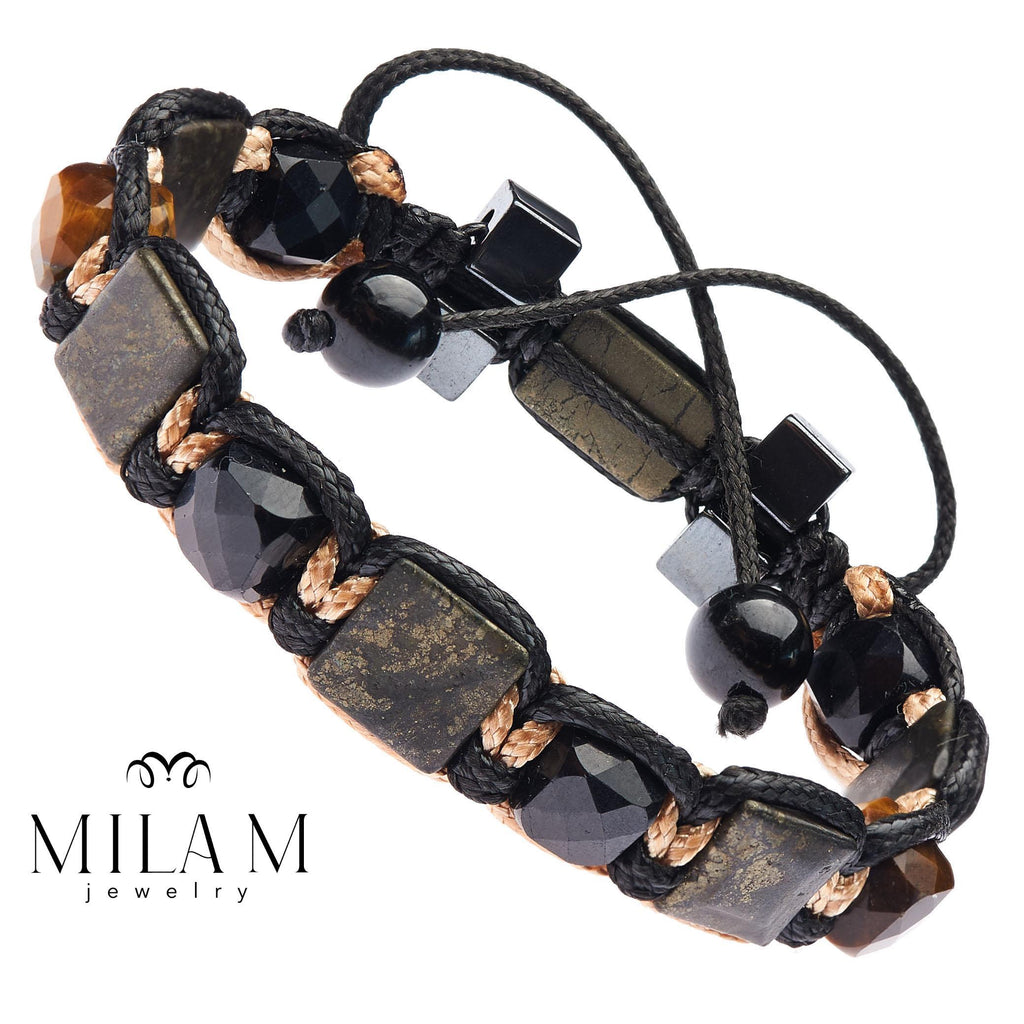 Mens protection Handmade bracelet Natural gemstones  beaded jewellery with Black Tourmaline, Pyrite, Tiger eye, Hematite Black Wtistband man