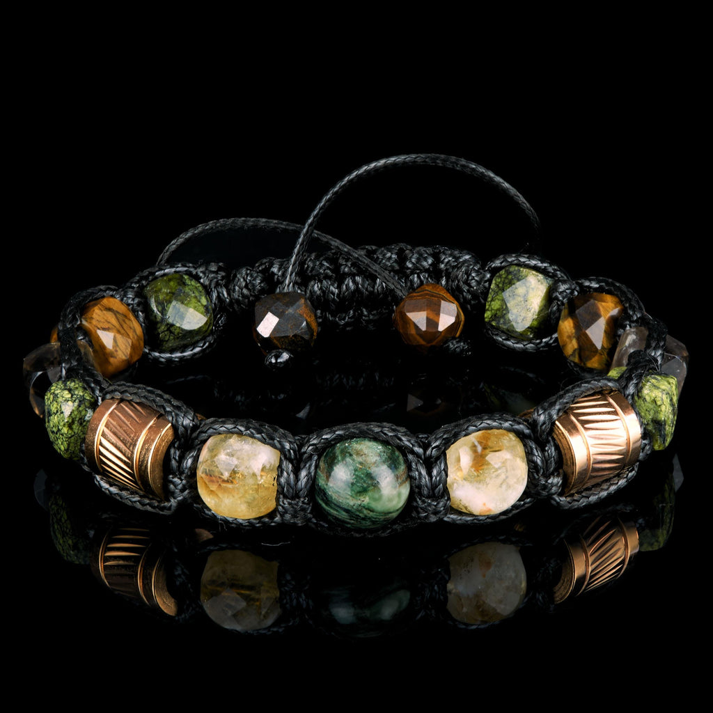 Mens Bracelet Wealth Protective Gemstone Cube Citine, Gold, Natural Serpentine Stone , Emerald Fuchsite • Prosperity Manifest