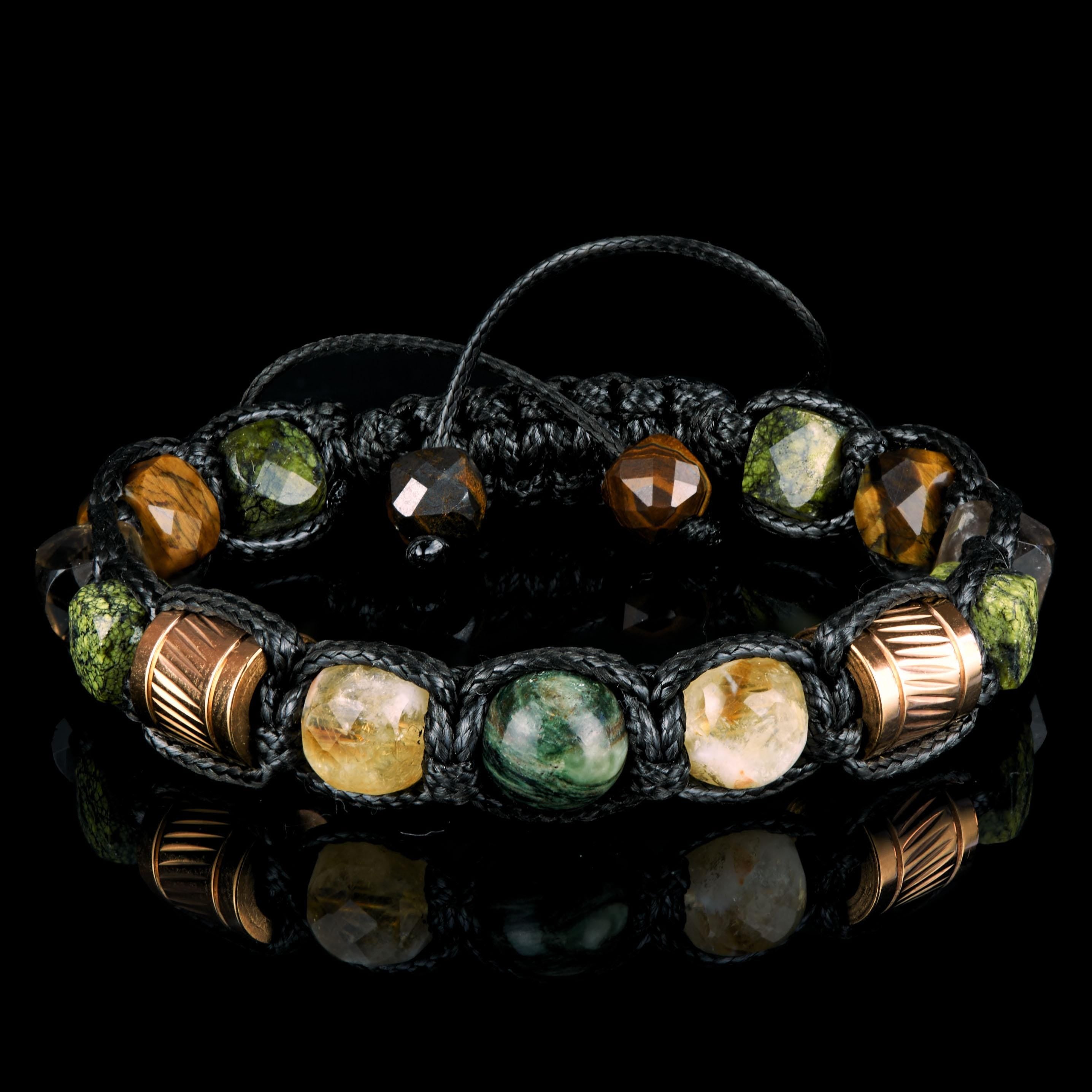 Mens Bracelet Wealth Protective Gemstone Cube Citine, Gold, Natural Serpentine Stone , Emerald Fuchsite • Prosperity Manifest